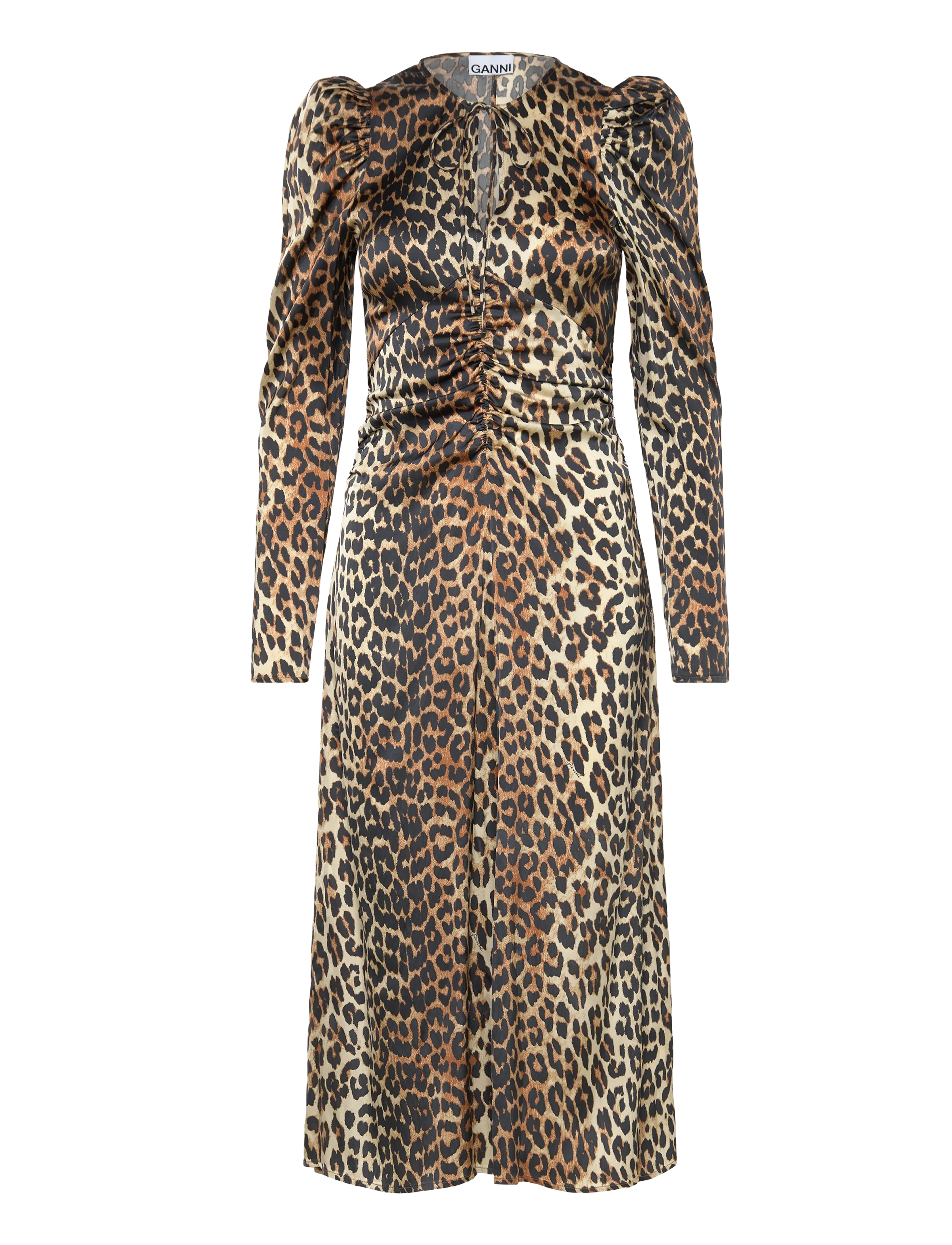GANNI PRINT SATIN RUCHED MIDI DRESS - Kleider - LEOPARD / multi