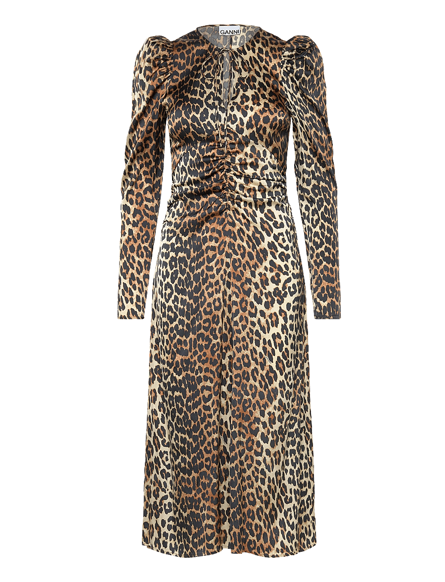 GANNI - PRINT SATIN RUCHED MIDI DRESS - midi kjoler - leopard - 1