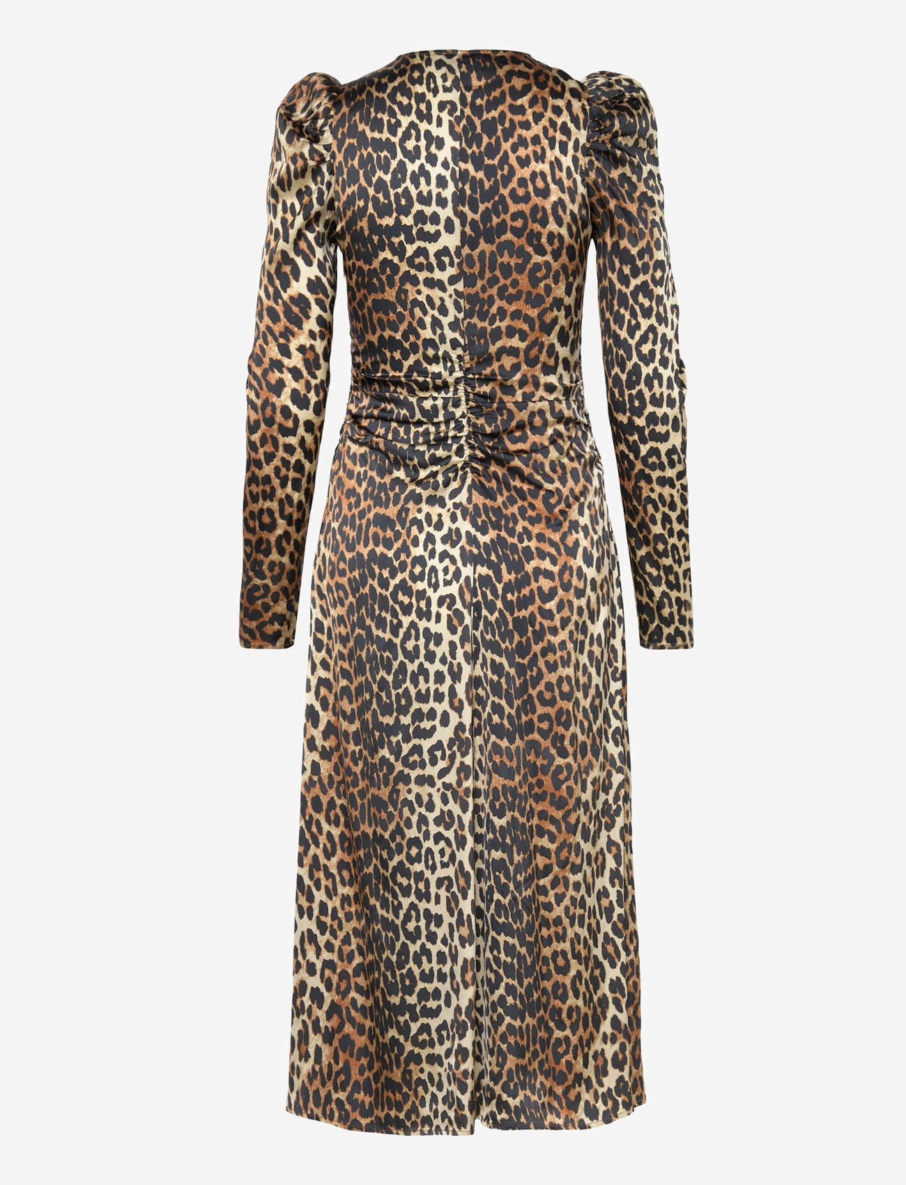 GANNI - PRINT SATIN RUCHED MIDI DRESS - midikleidid - leopard - 1