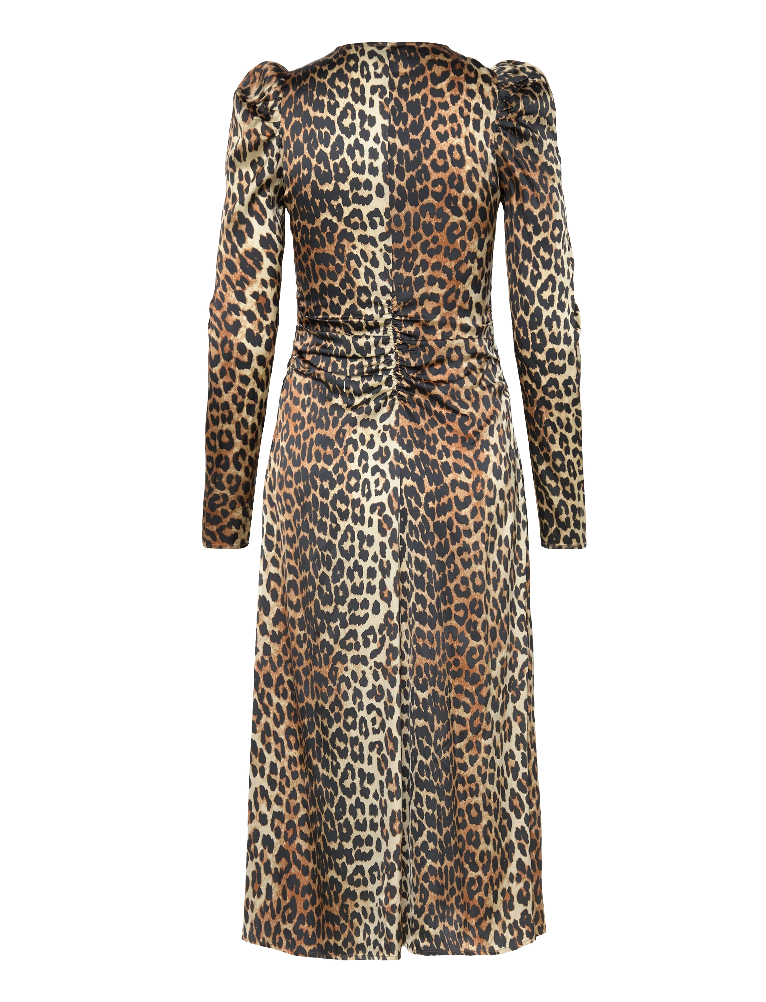 GANNI - PRINT SATIN RUCHED MIDI DRESS - midi kjoler - leopard - 2