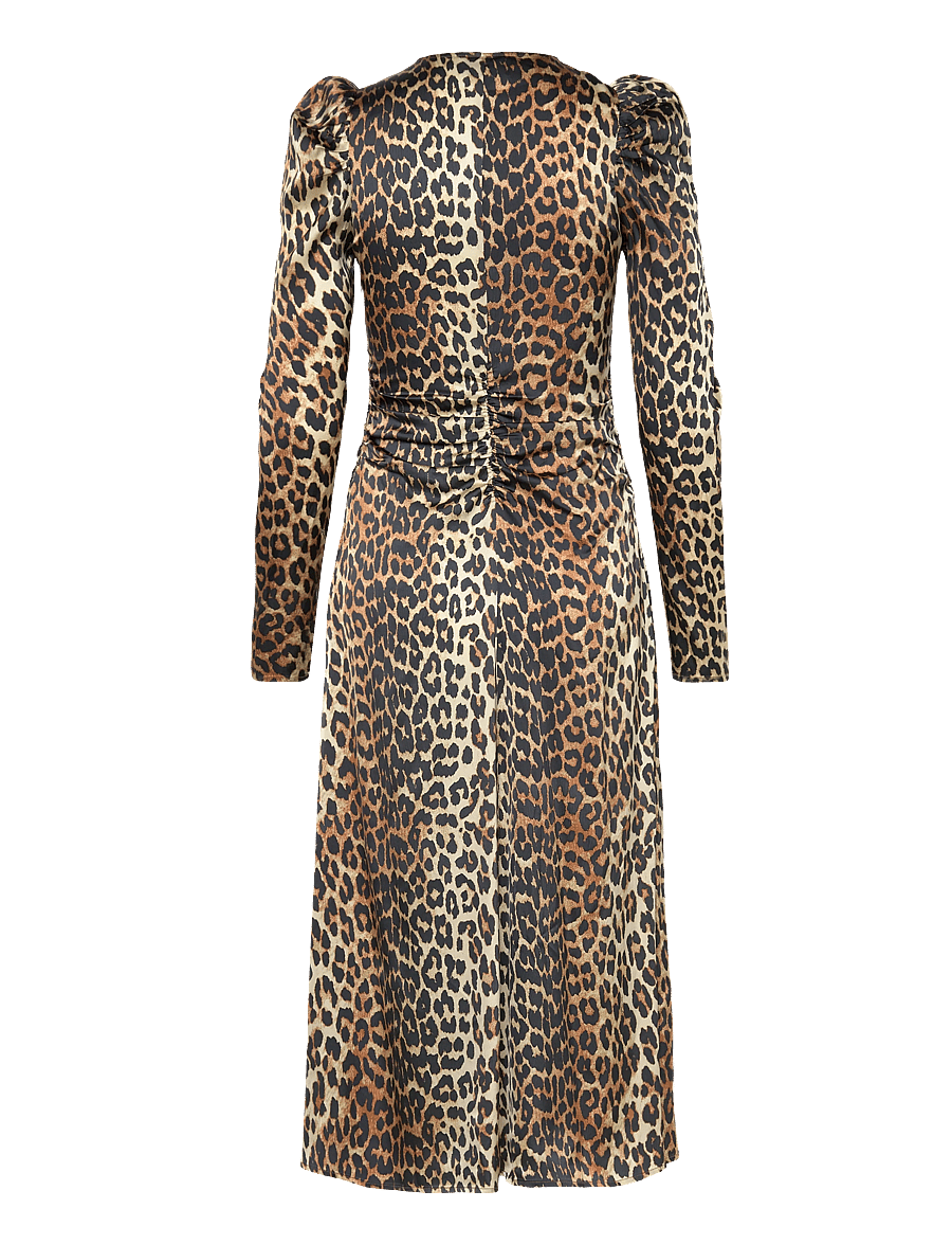 GANNI - PRINT SATIN RUCHED MIDI DRESS - midi kjoler - leopard - 2