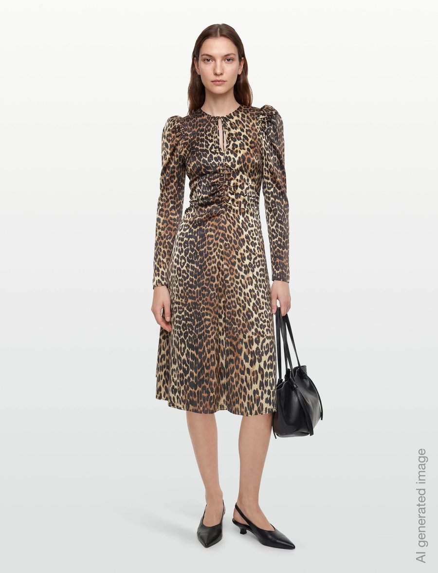 GANNI - PRINT SATIN RUCHED MIDI DRESS - midi kjoler - leopard - 0