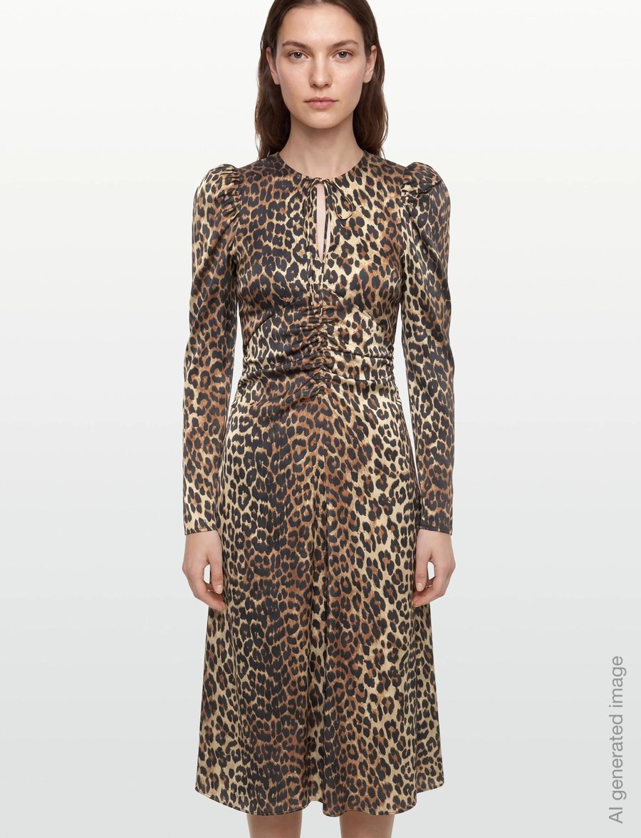 GANNI - PRINT SATIN RUCHED MIDI DRESS - midi kjoler - leopard - 3