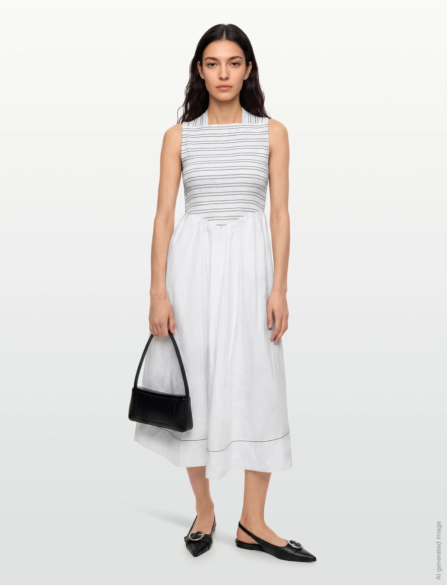 GANNI - Washed Stretch Cotton Smock Midi Straps Dress - sommerkleider - bright white - 0