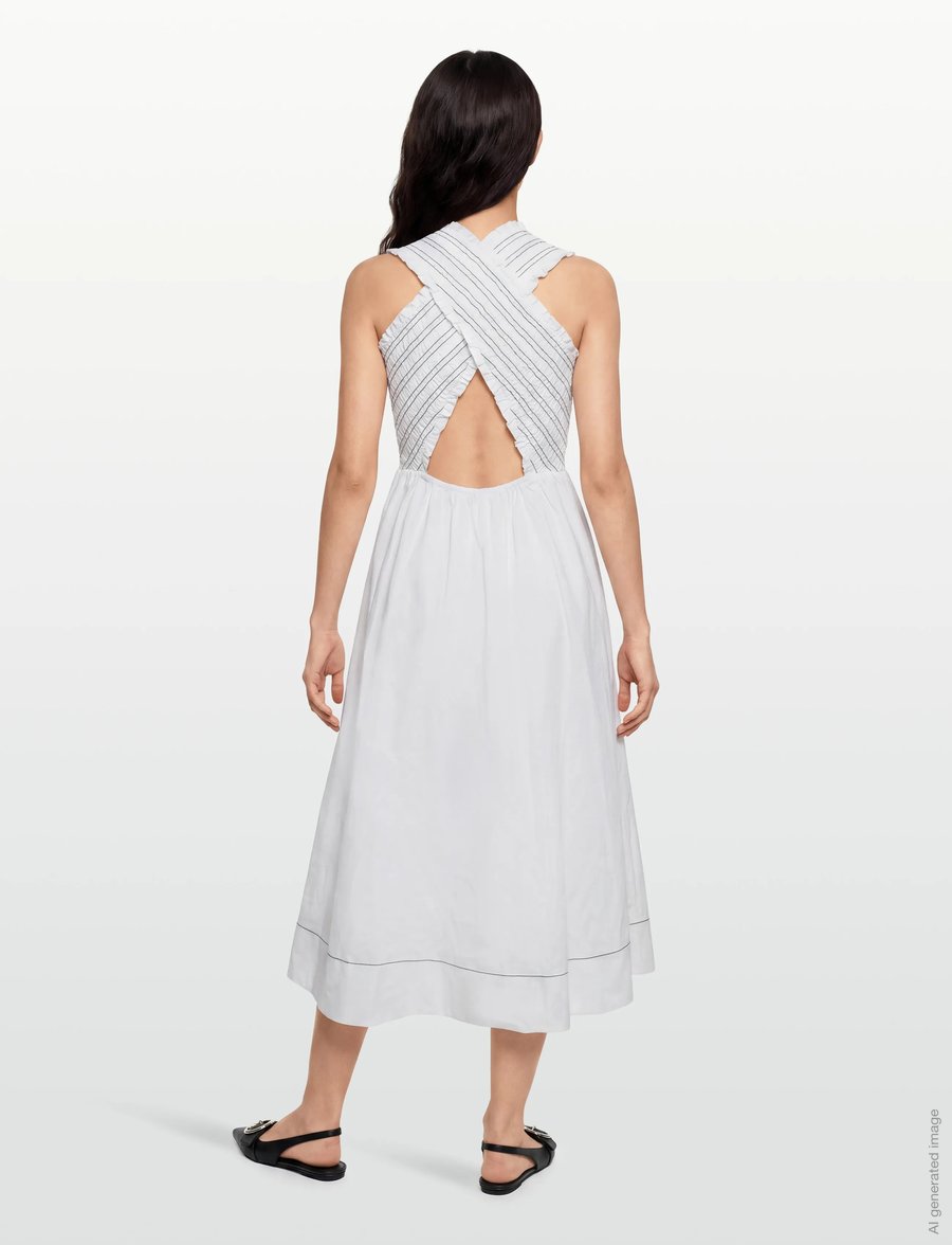 GANNI - Washed Stretch Cotton Smock Midi Straps Dress - sommerkleider - bright white - 4