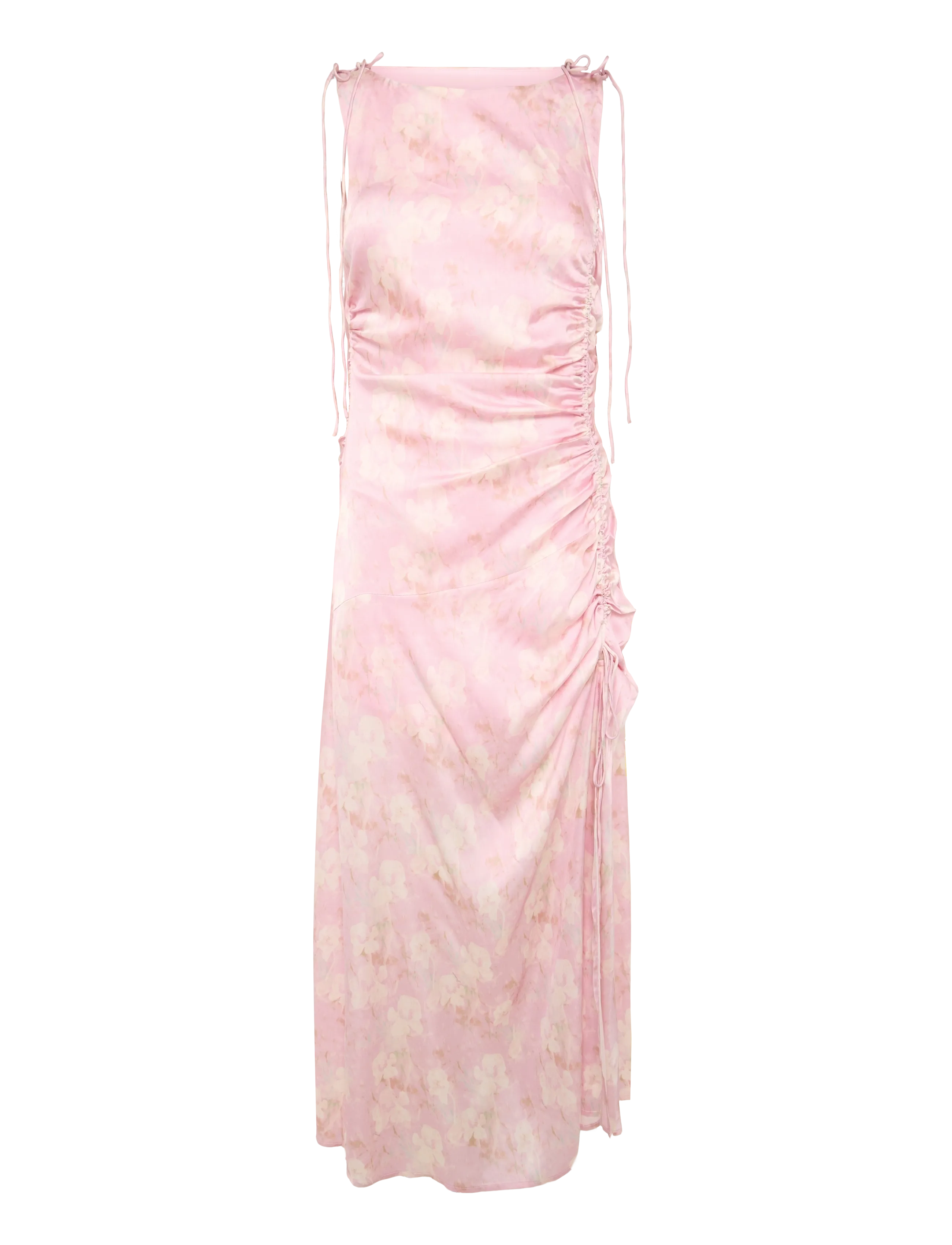 GANNI Printed Stretch Satin Gathered Long Dress - Sommarklänningar - PRIMROSE PINK / pink/rose