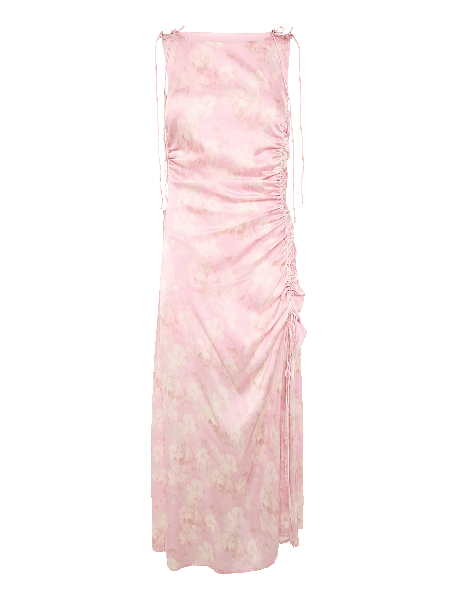 GANNI - Printed Stretch Satin Gathered Long Dress - sommarklänningar - primrose pink - 0