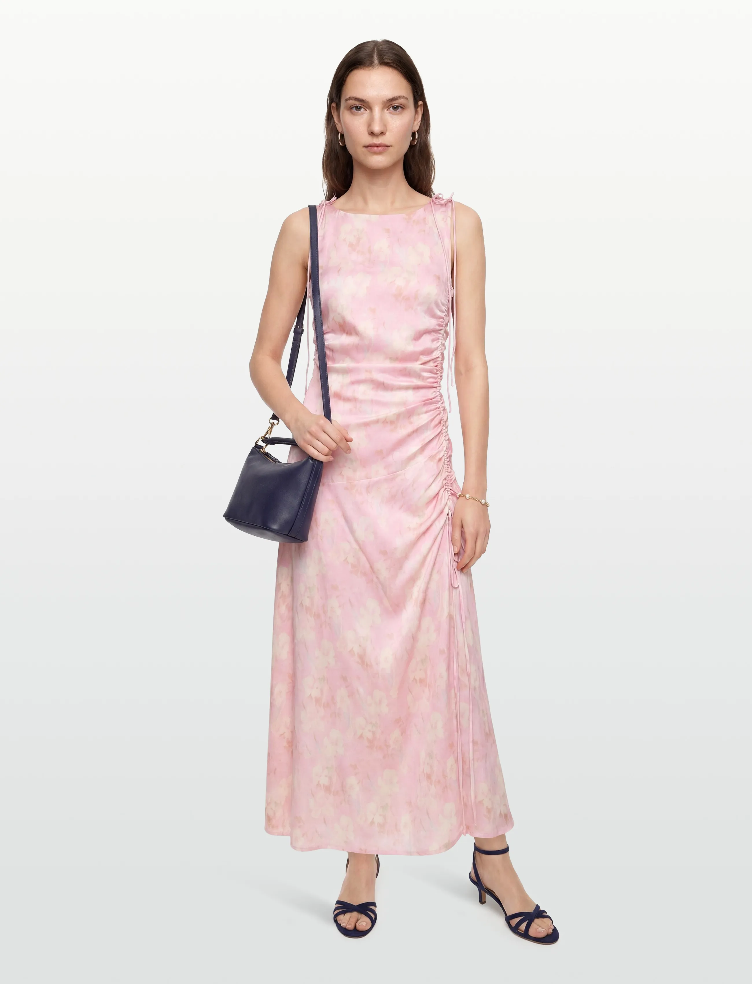 Printed Stretch Satin Gathered Long Dress