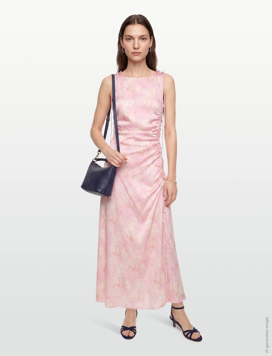 GANNI - Printed Stretch Satin Gathered Long Dress - sommerkleider - primrose pink - 0