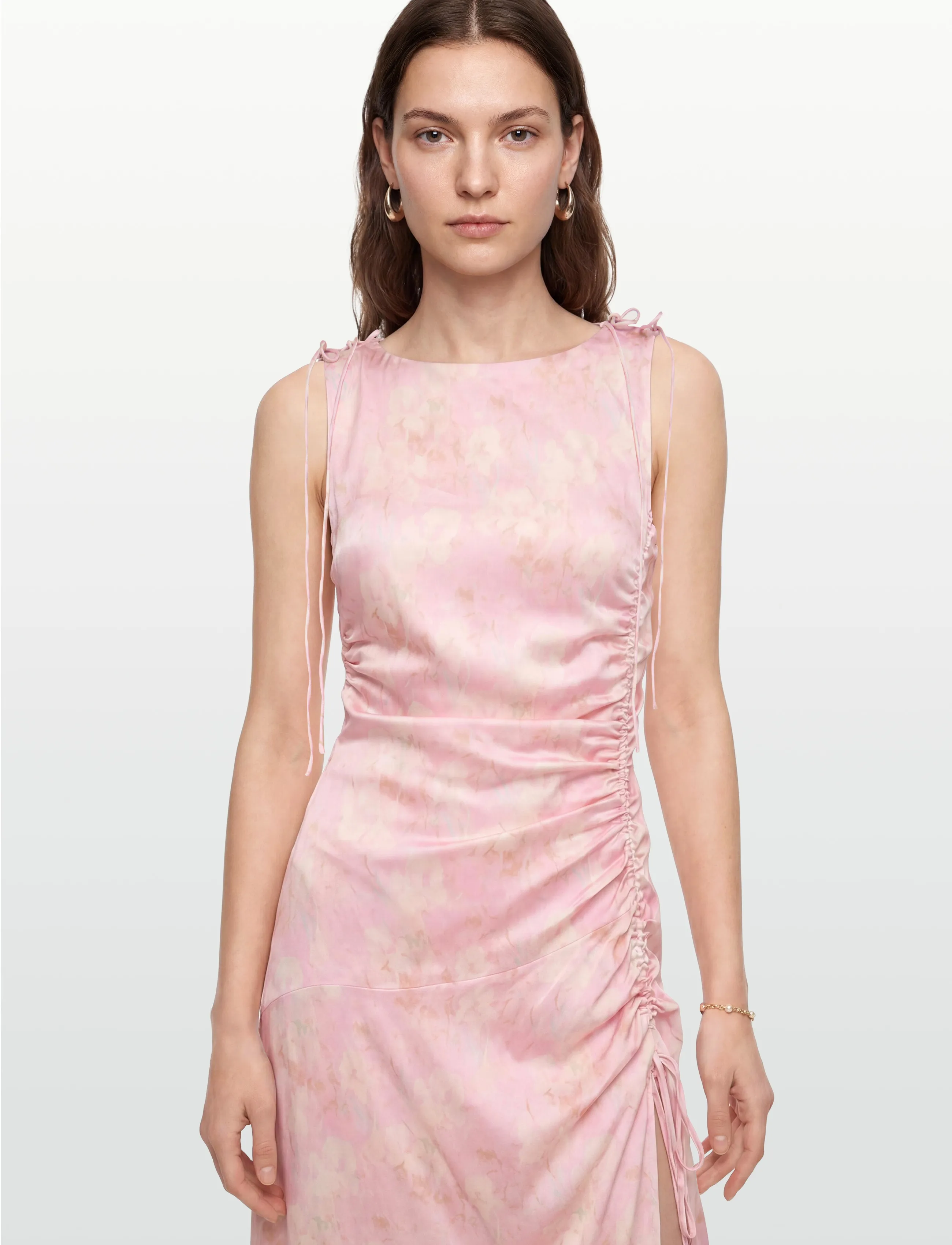 Printed Stretch Satin Gathered Long Dress 2