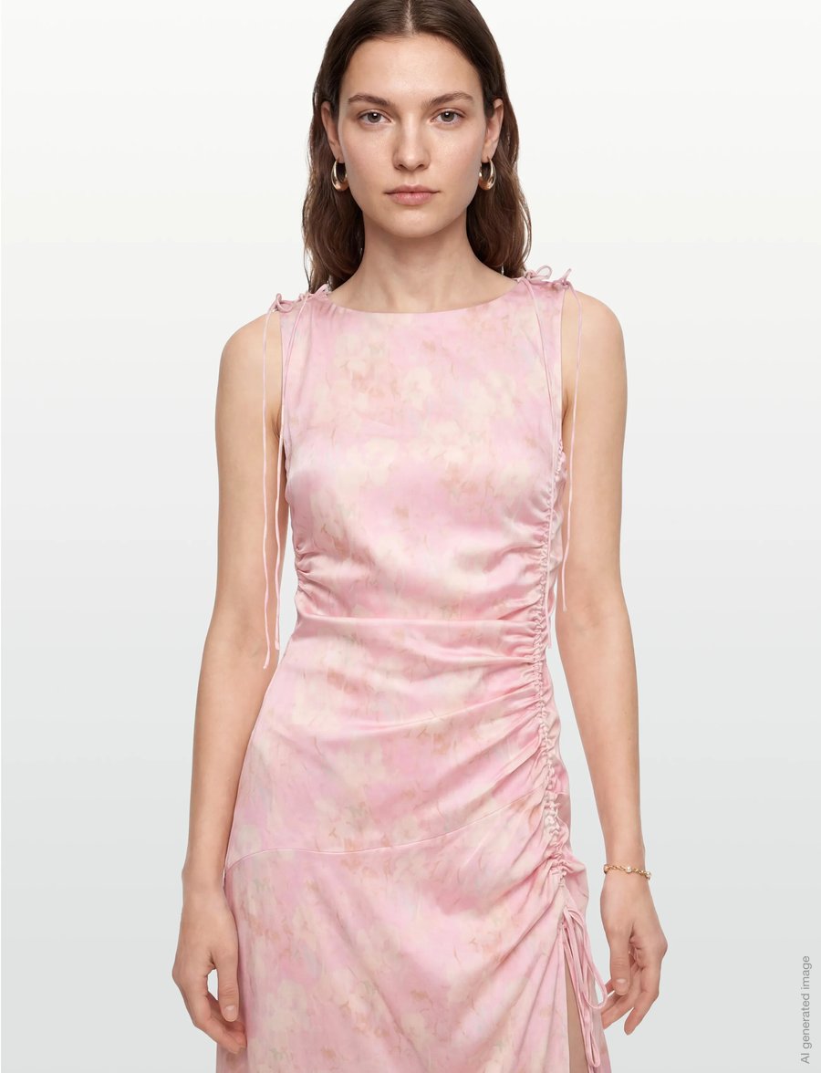 GANNI - Printed Stretch Satin Gathered Long Dress - sommerkleider - primrose pink - 3
