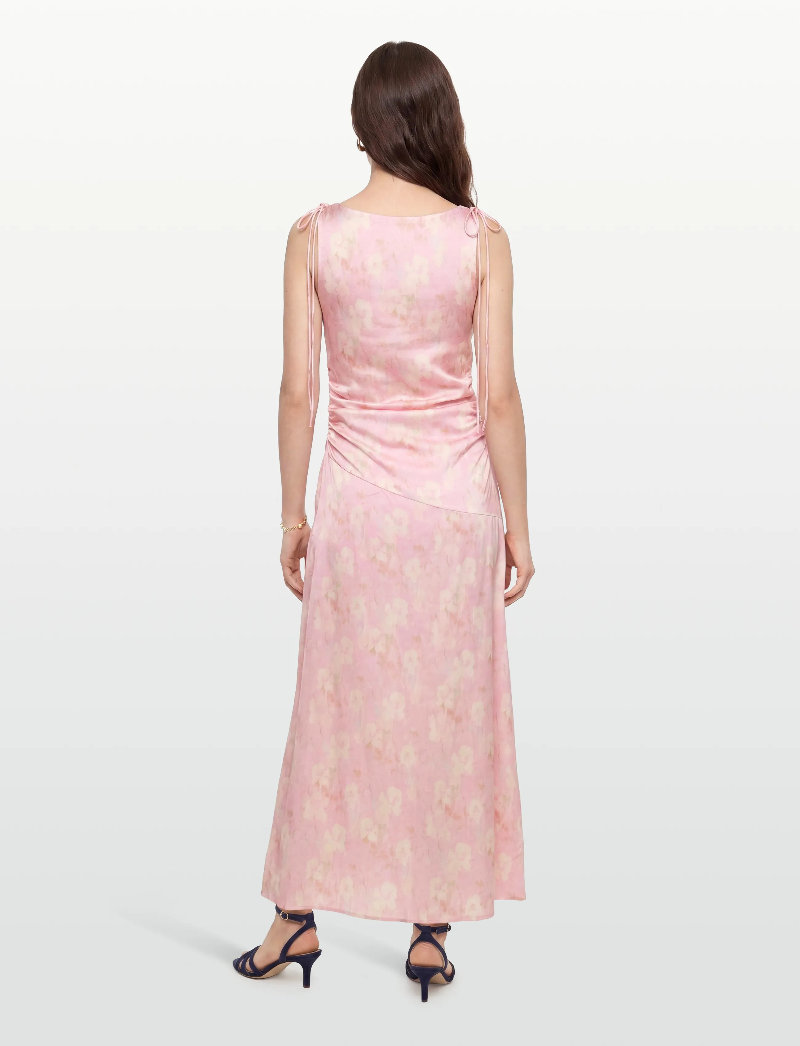 Printed Stretch Satin Gathered Long Dress 3