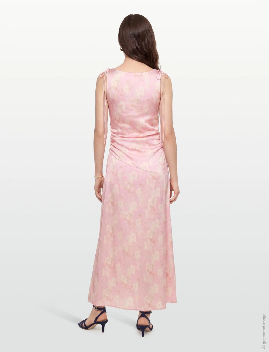 GANNI - Printed Stretch Satin Gathered Long Dress - sommerkleider - primrose pink - 4