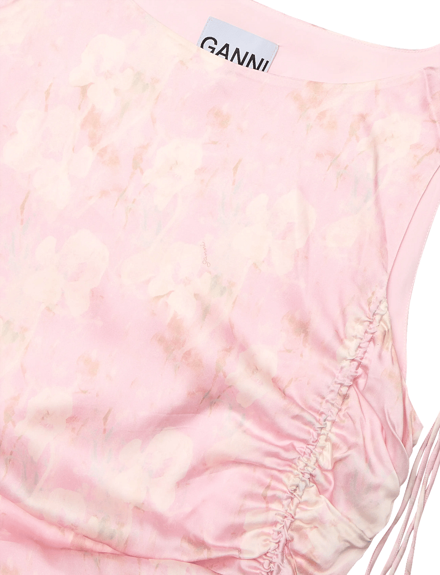 GANNI - Printed Stretch Satin Gathered Long Dress - sommarklänningar - primrose pink - 2