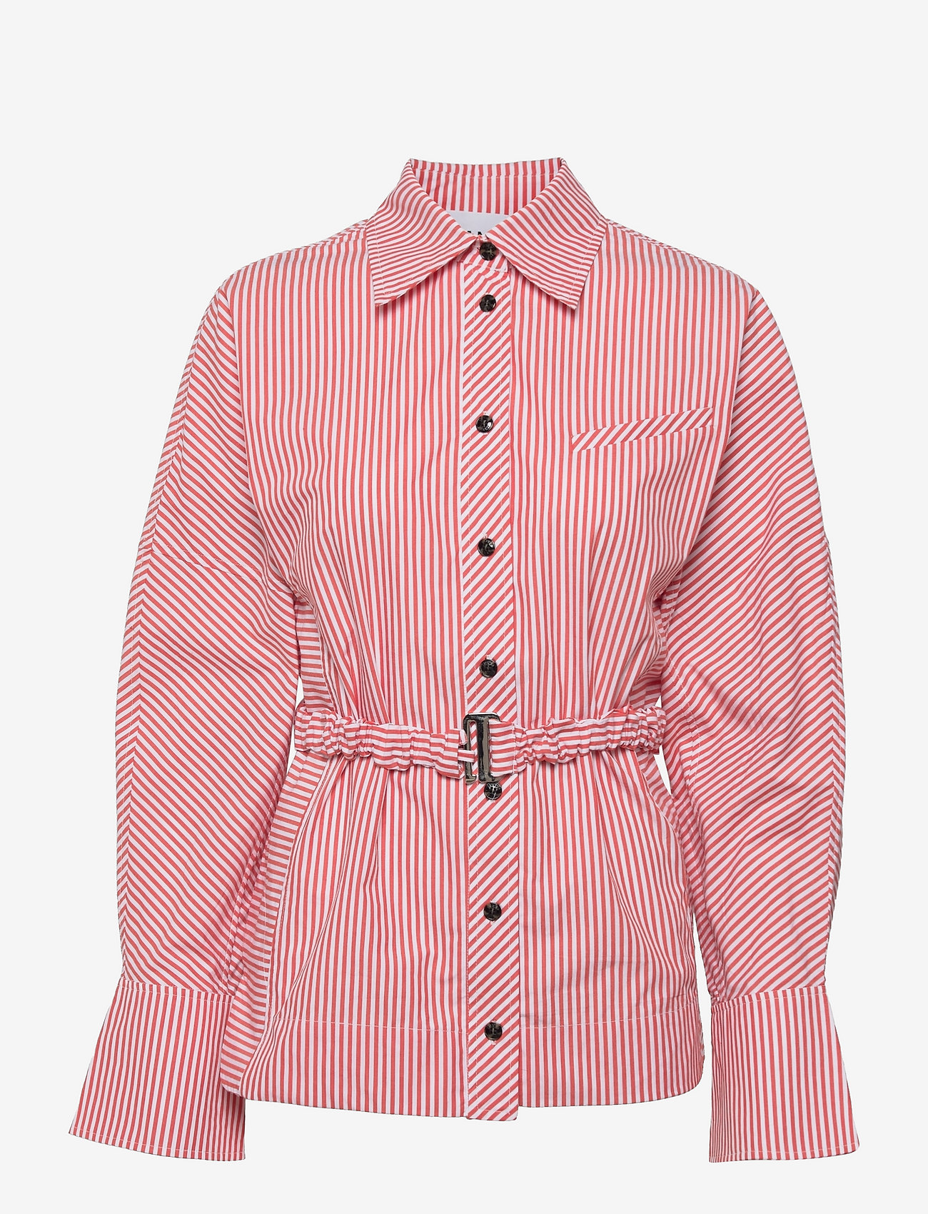 Ganni - Stripe Cotton Detachable Belt Shirt - thin stripe orangedotcom - 0