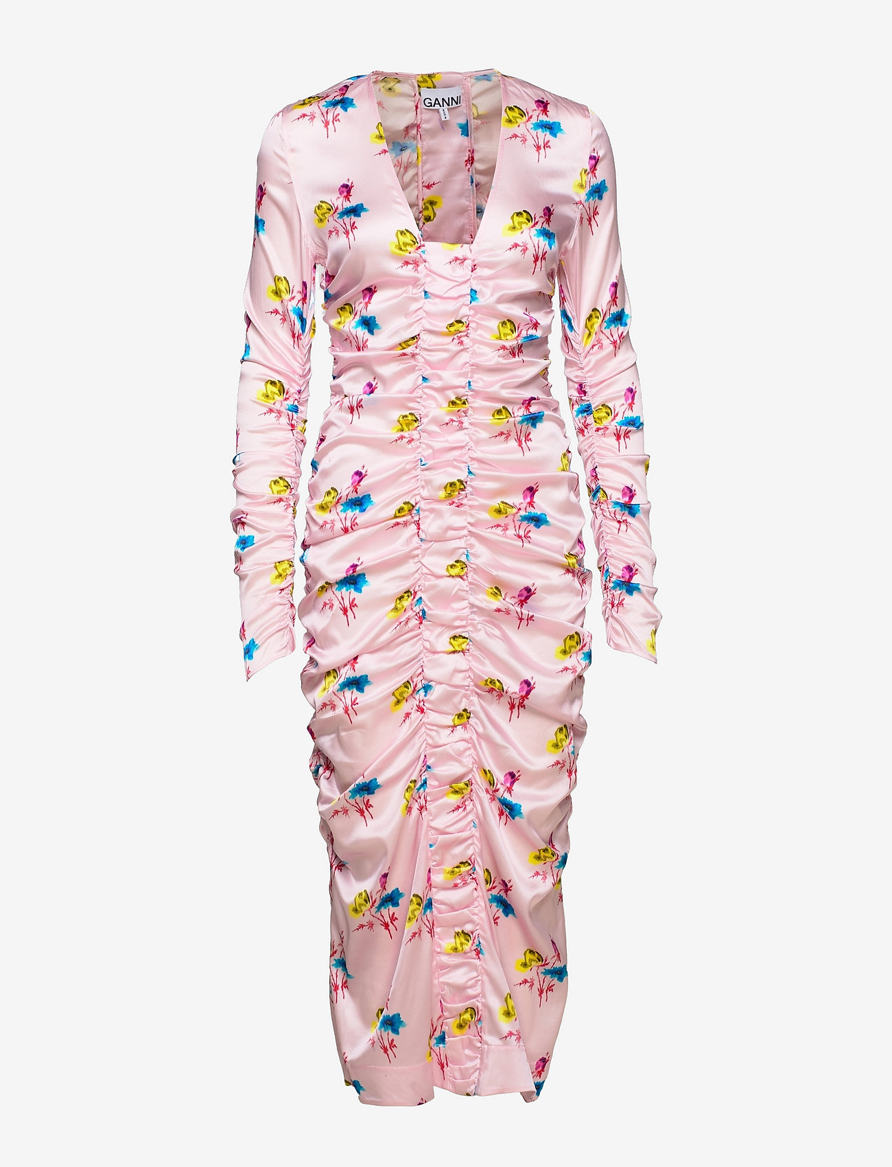 Ganni - Silk V-neck Gather Maxi Dress - floral light lilac - 0