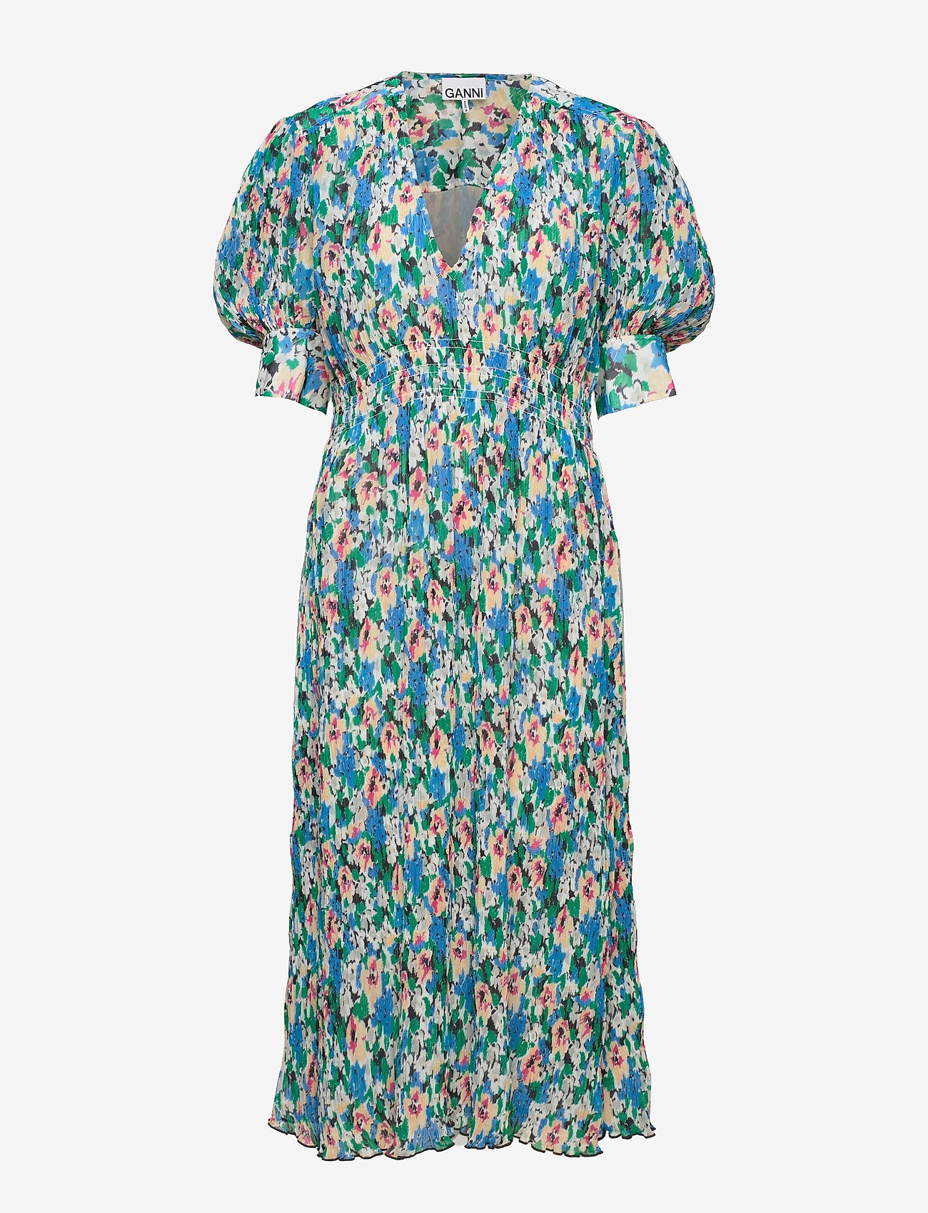 Ganni - Pleated Georgette V-neck Smock Midi Dress - sommerkjoler - floral azure blue - 0