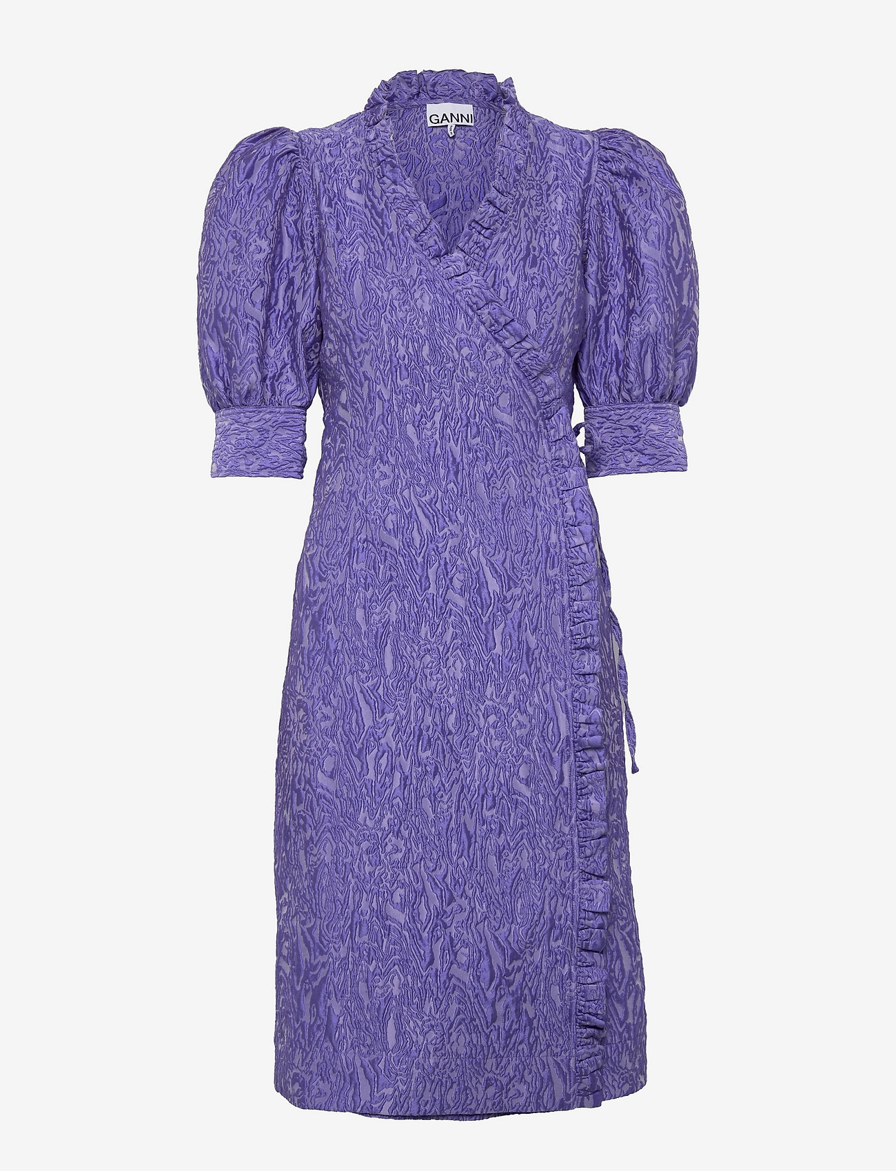 Ganni - 3D Jacquard Wrap Ruffle Dress - blue iris - 0