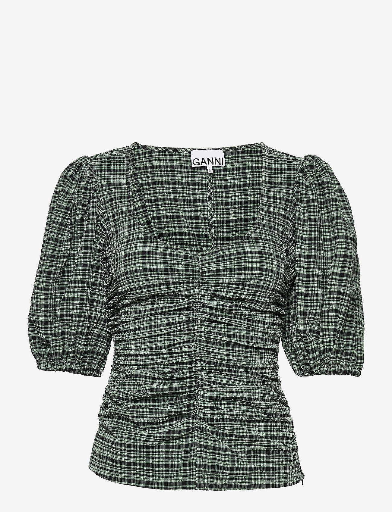 Stretch Seersucker U-neck Gathered Blouse - MINI CHECK GREEN