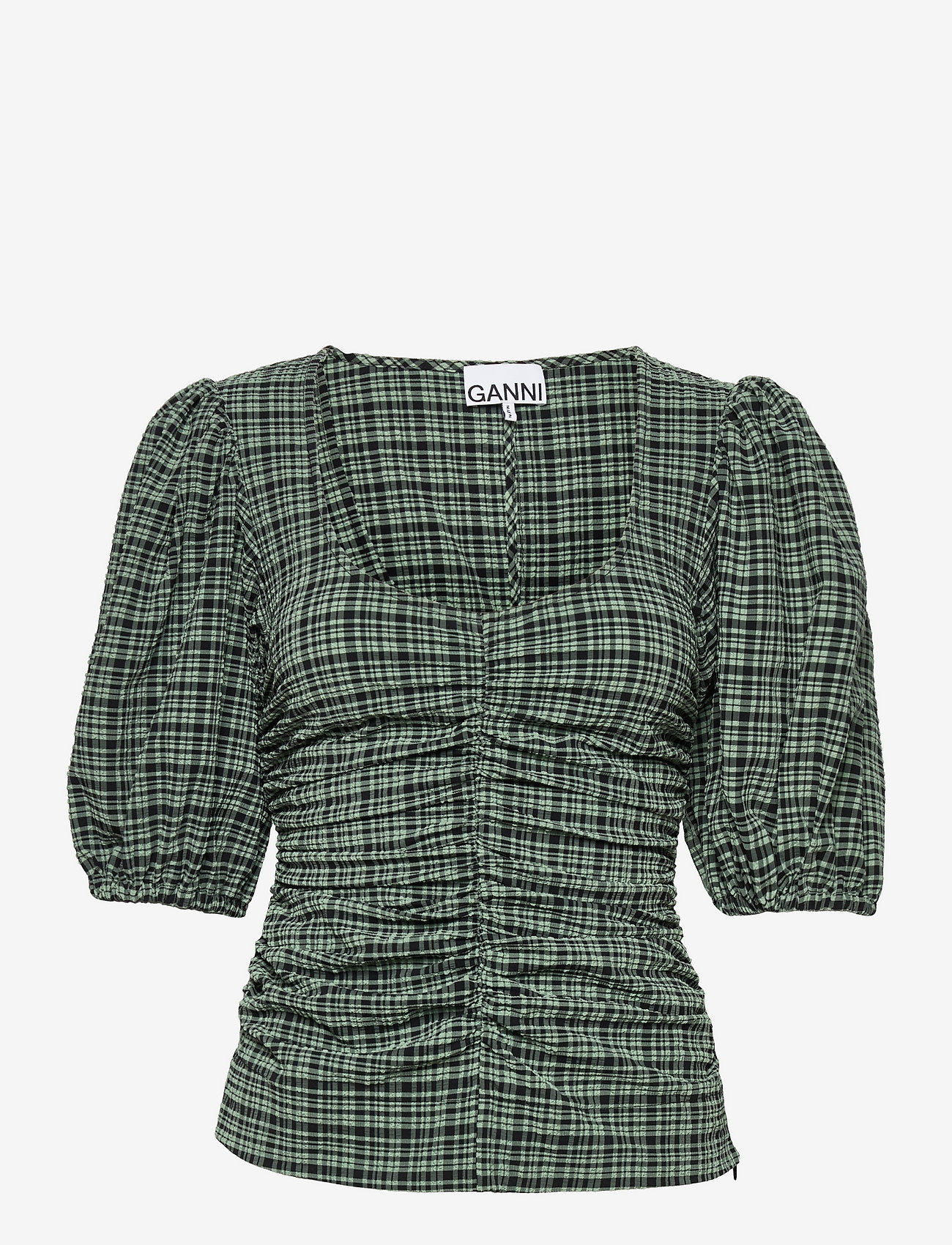Ganni - Stretch Seersucker U-neck Gathered Blouse - mini check green bay - 0