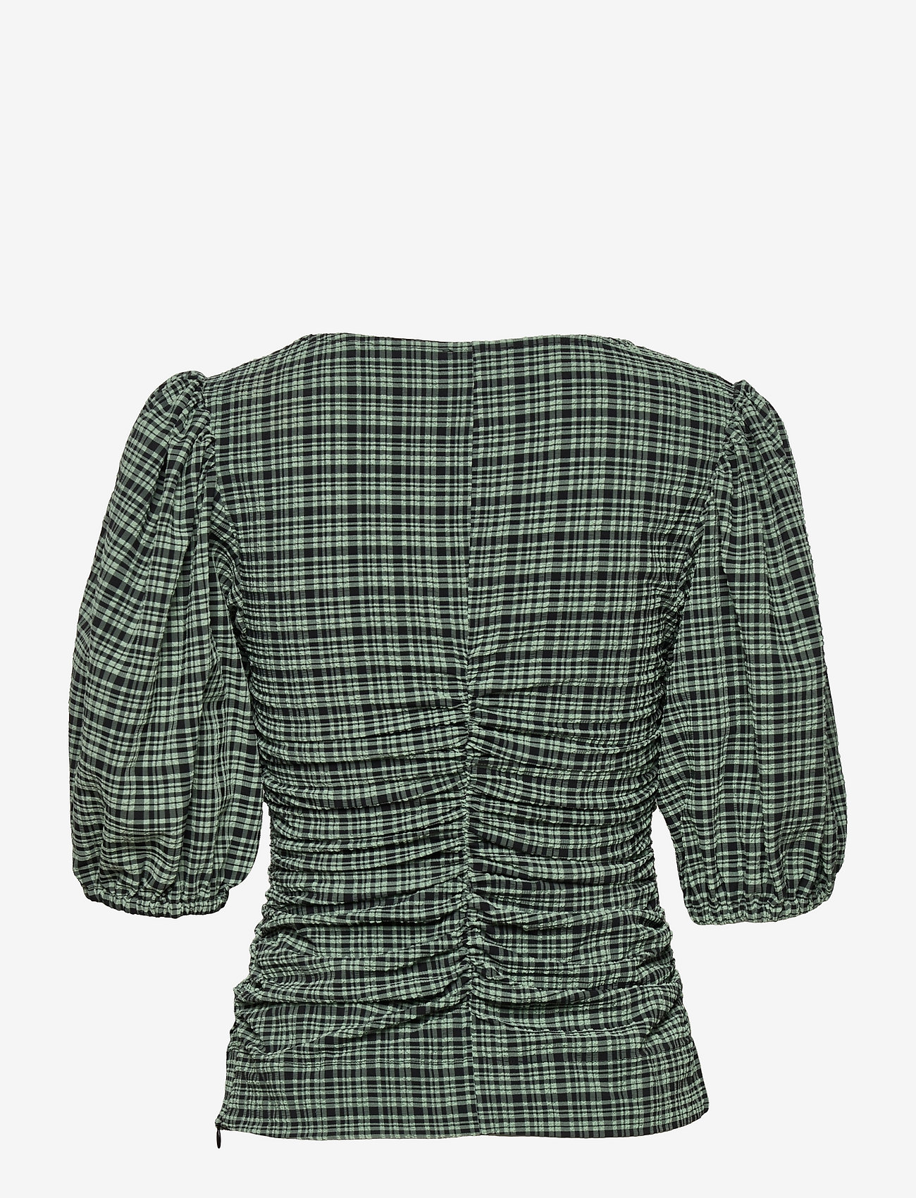 Ganni - Stretch Seersucker U-neck Gathered Blouse - mini check green bay - 1