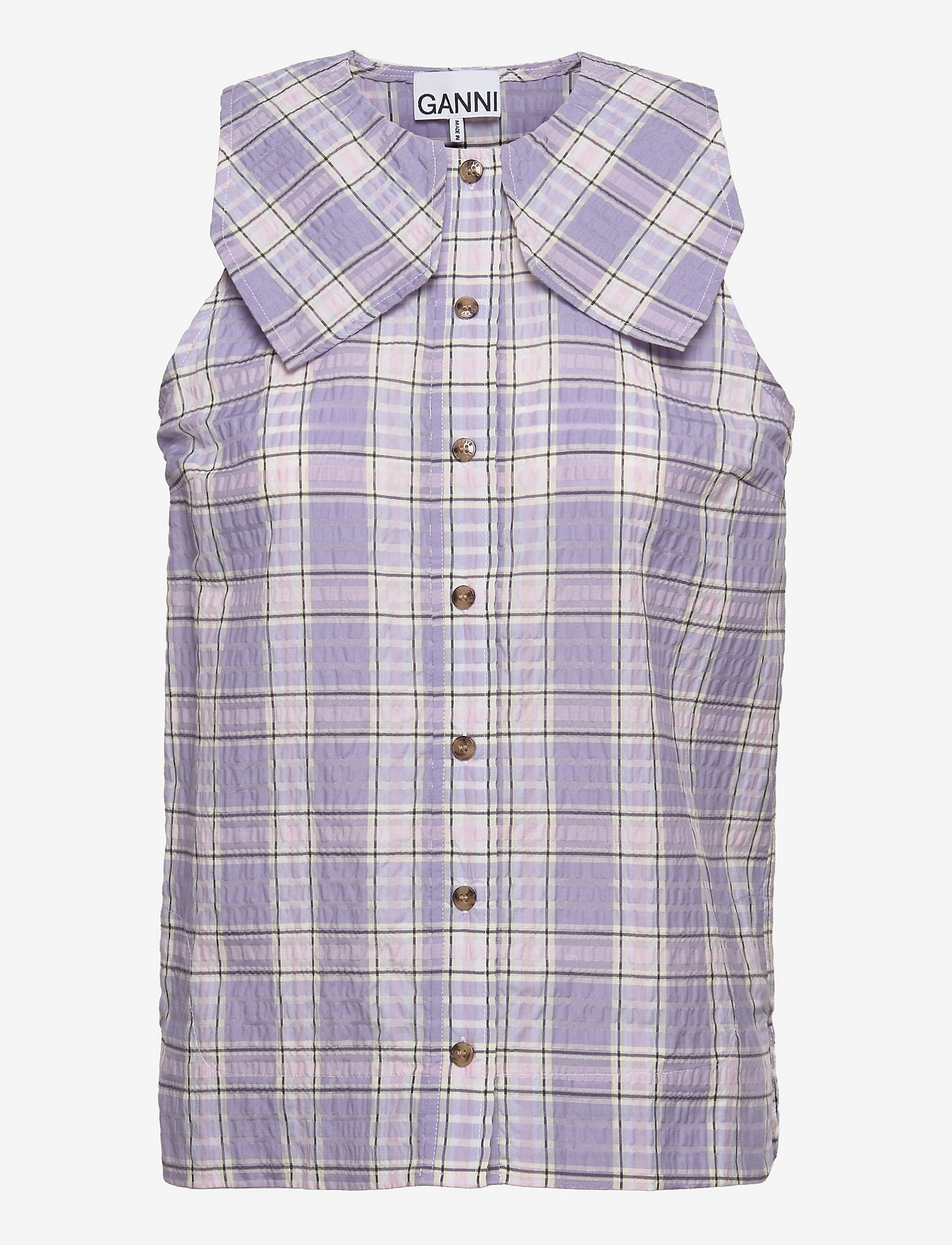 Ganni - Seersucker Check Sleeveless Shirt - Ärmlösa blusar - check persian violet - 0