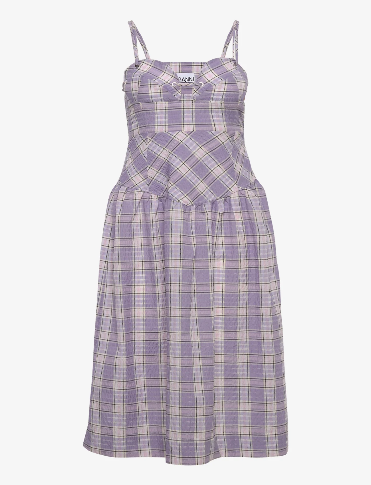 Ganni - Seersucker Check Midi Strap Dress - midi kjoler - check persian violet - 0