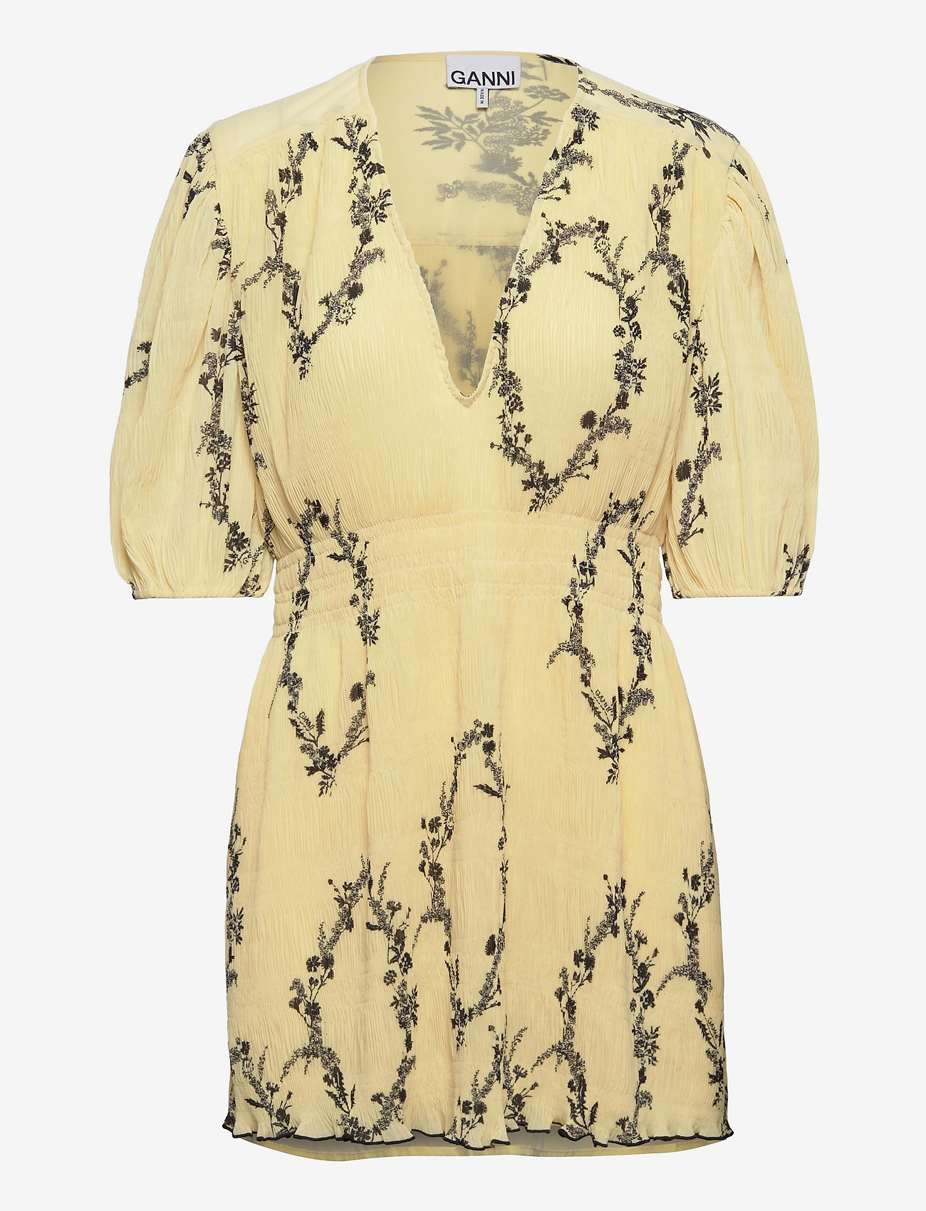 Ganni - Pleated Georgette V-neck Smock Mini Dress - krótkie sukienki - floral shadow flan - 0