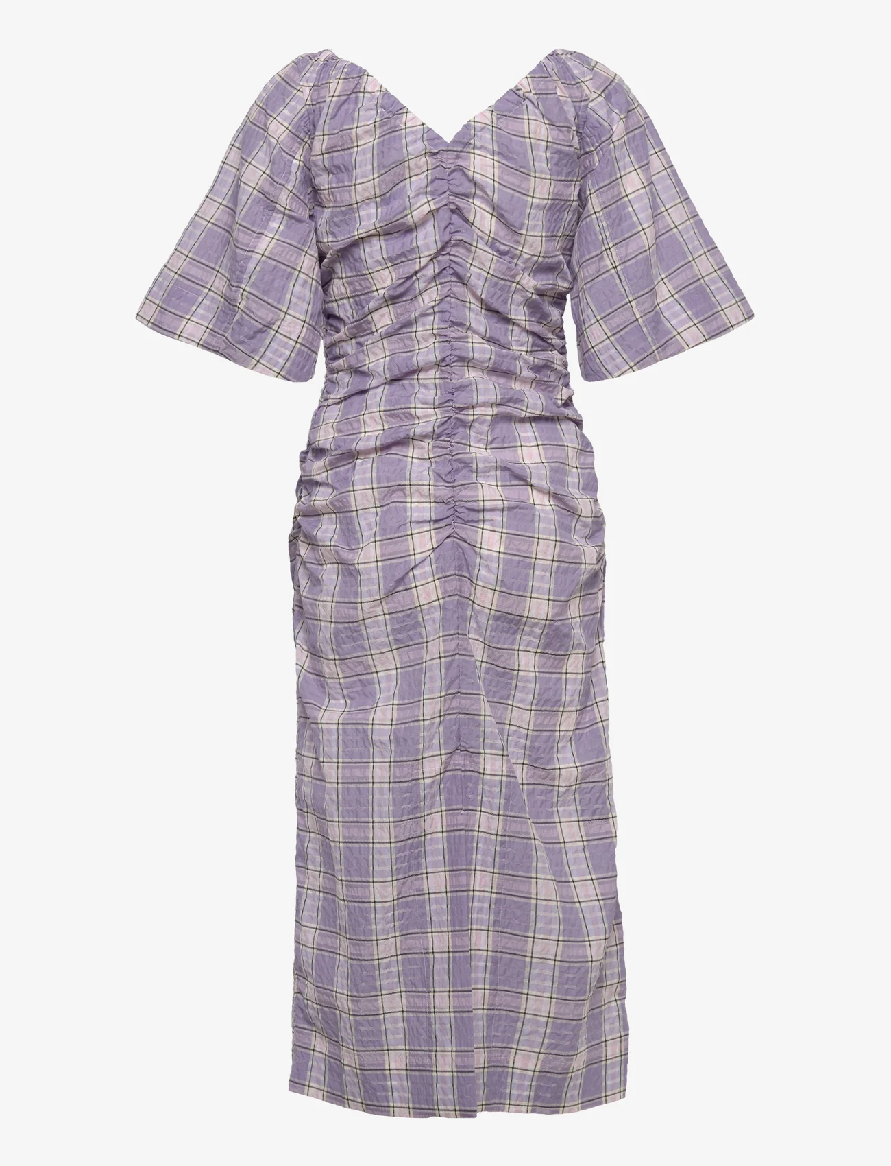 Ganni - Seersucker Check V-neck Fitted Midi Dress - midi kjoler - check persian violet - 1