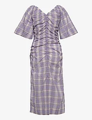 Ganni - Seersucker Check V-neck Fitted Midi Dress - midi dresses - check persian violet - 1