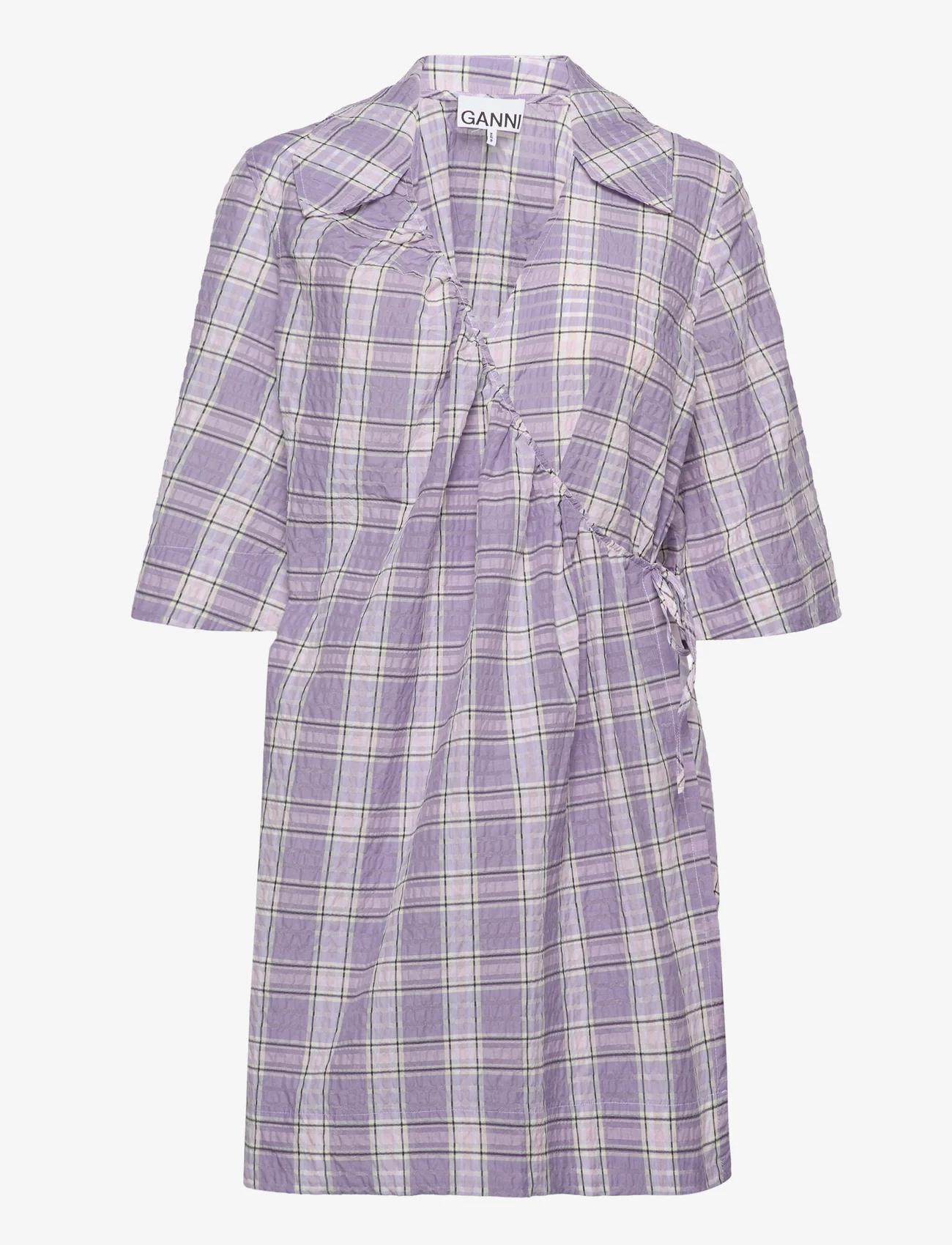 Ganni - Seersucker Check Mini Wrap Dress - omlottklänningar - check persian violet - 0