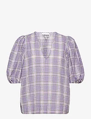 Ganni - Seersucker Check V-neck Blouse - short-sleeved blouses - check persian violet - 0