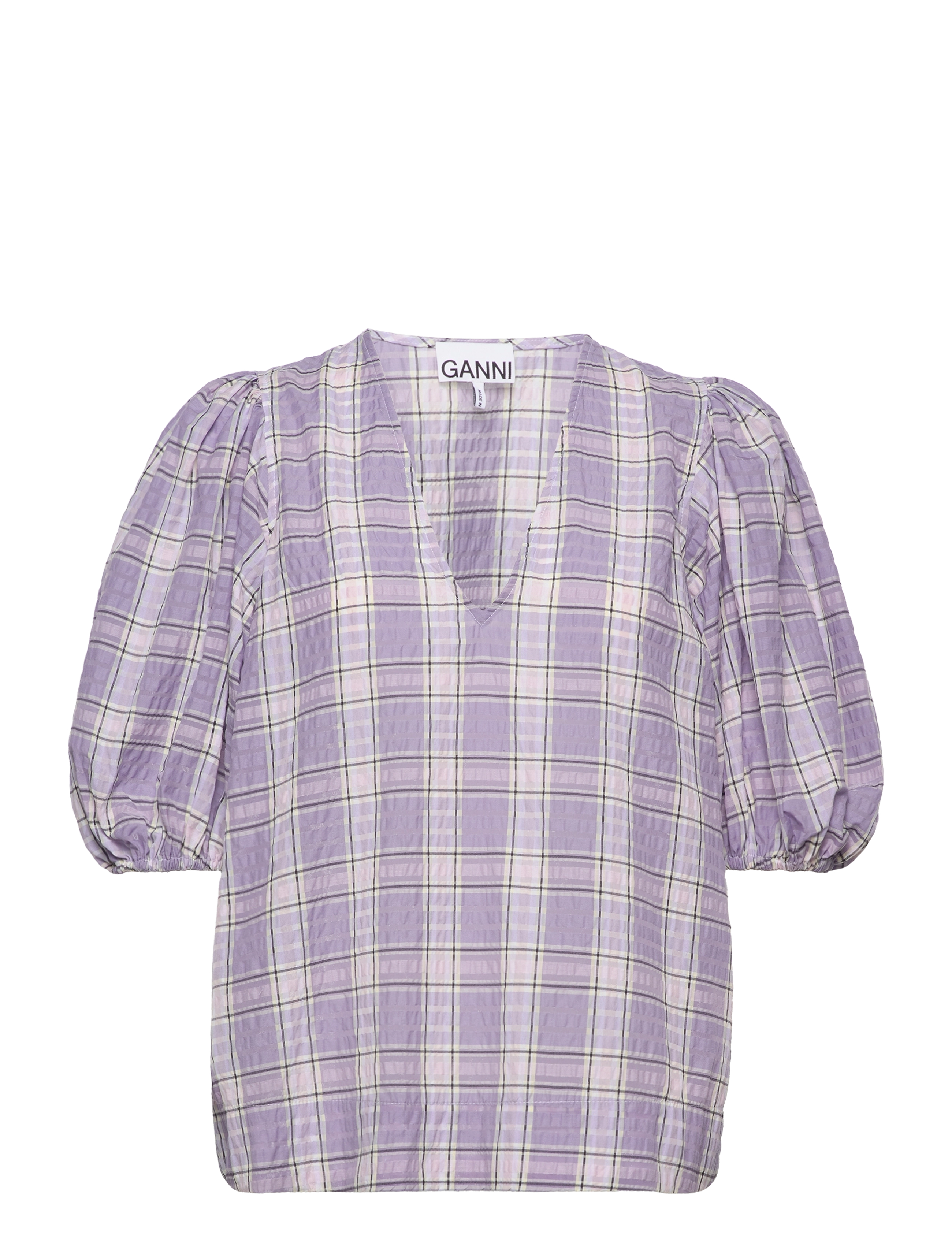 Ganni Seersucker Check V-neck Blouse - Bluser - CHECK PERSIAN VIOLET / purple