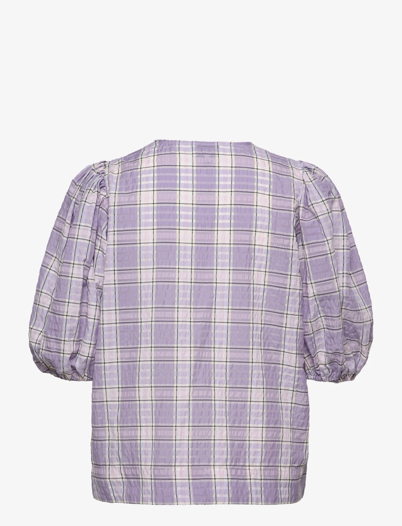 Ganni - Seersucker Check V-neck Blouse - short-sleeved blouses - check persian violet - 1