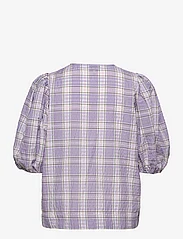 Ganni - Seersucker Check V-neck Blouse - bluzki krotkim rekawem - check persian violet - 1