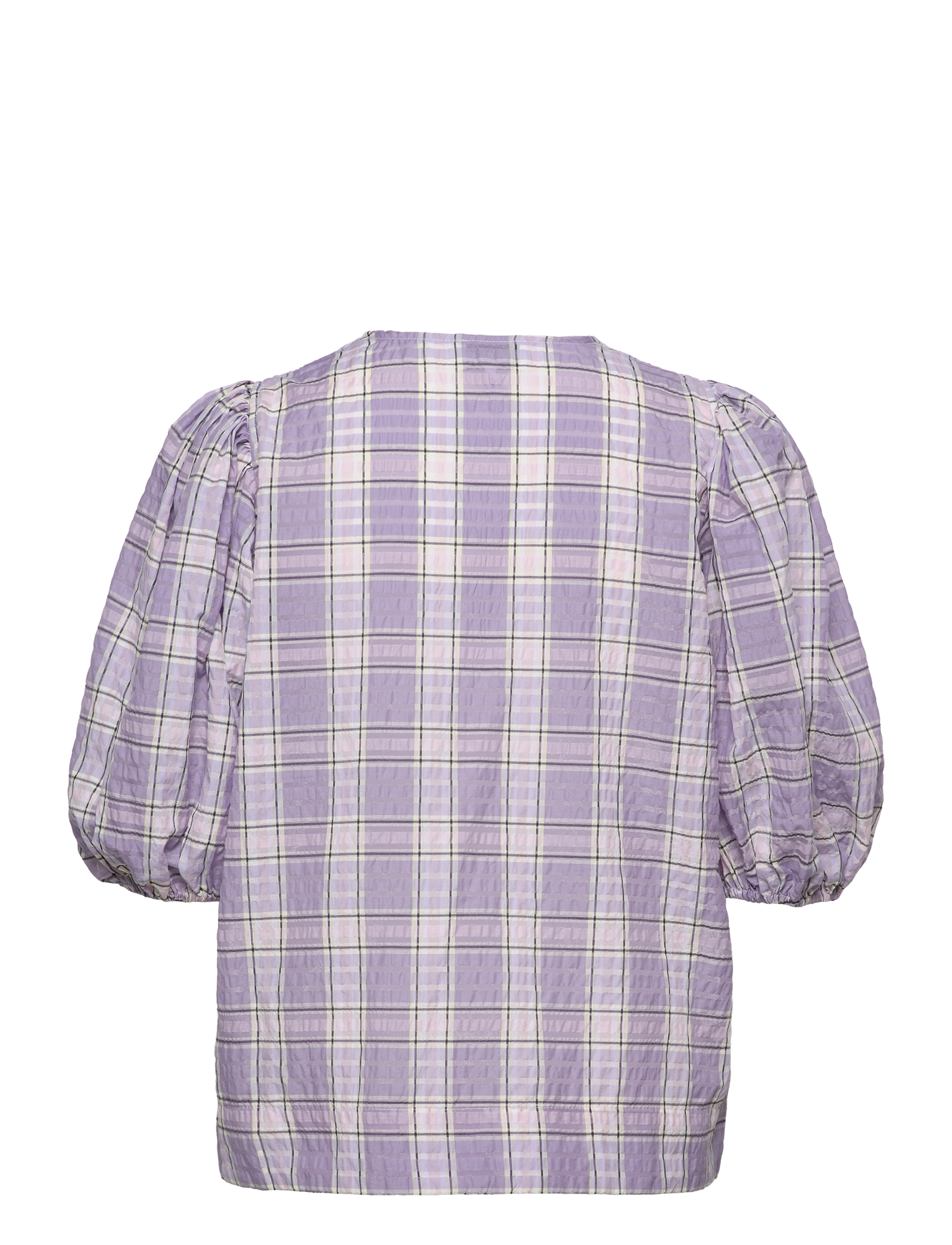 Ganni - Seersucker Check V-neck Blouse - lühikeste varrukatega pluusid - check persian violet - 1