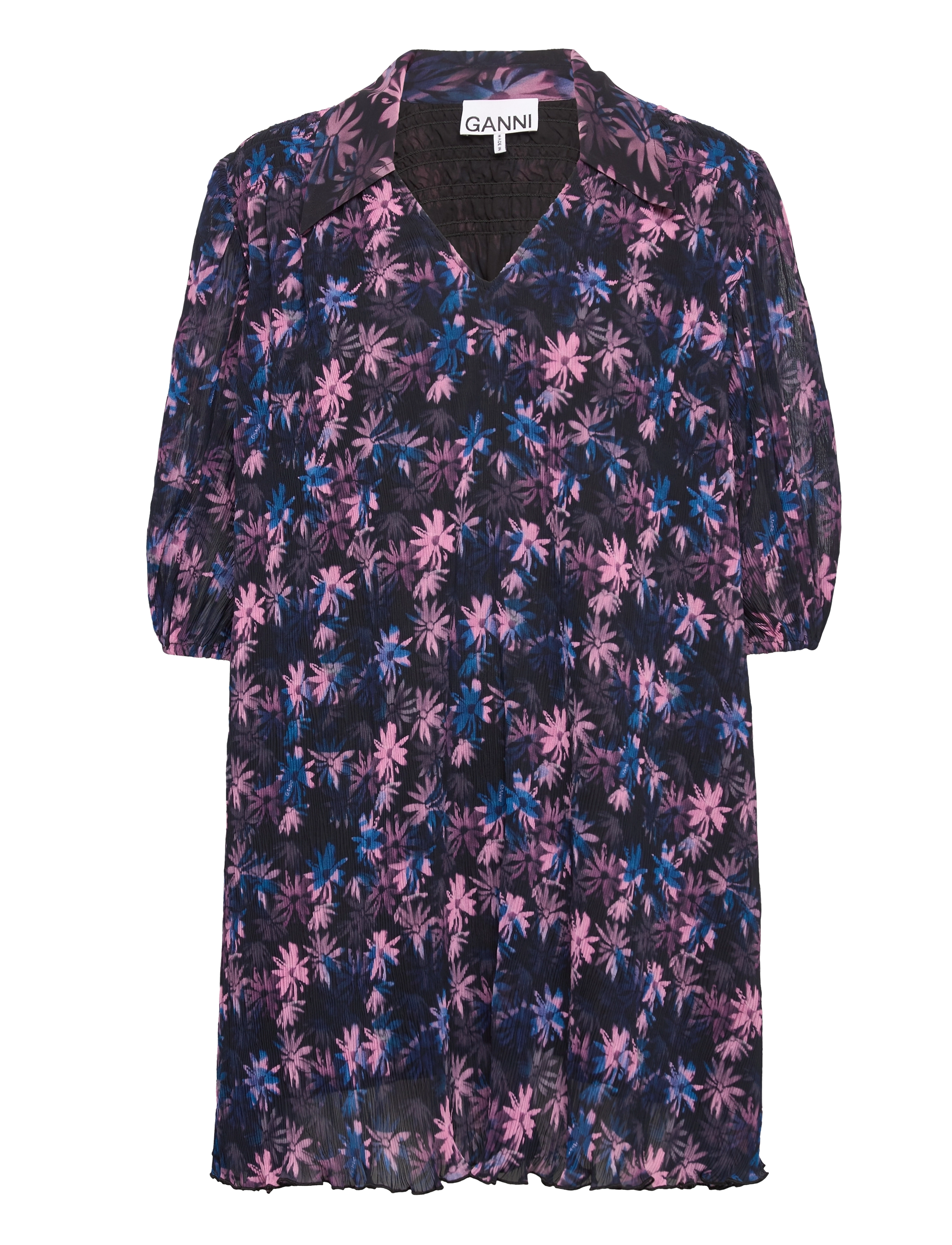 Ganni Pleated Georgette V-neck Mini Dress - Ganni - DAISY SPRAY LILAC SACHET / multi