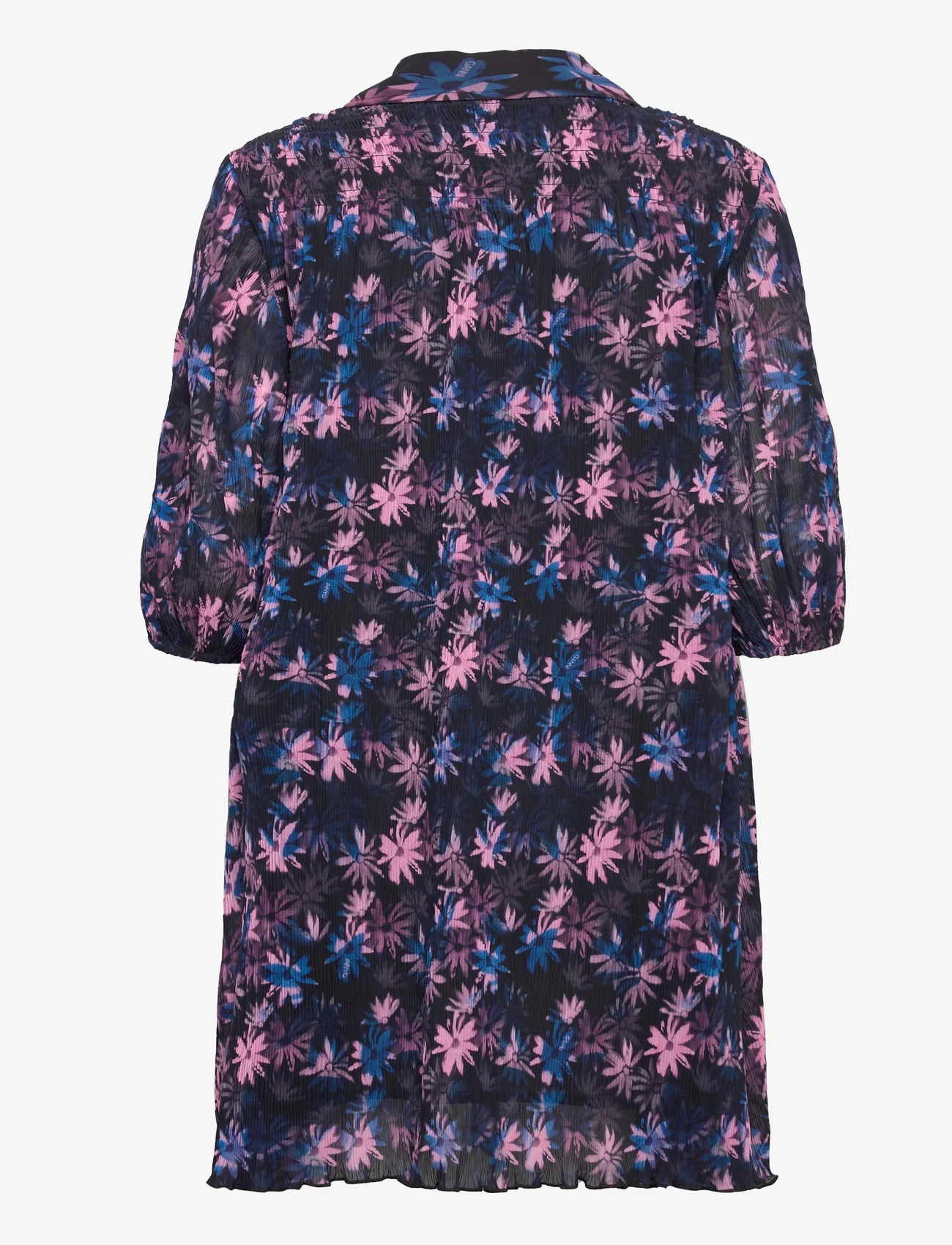 Ganni - Pleated Georgette V-neck Mini Dress - krótkie sukienki - daisy spray lilac sachet - 1