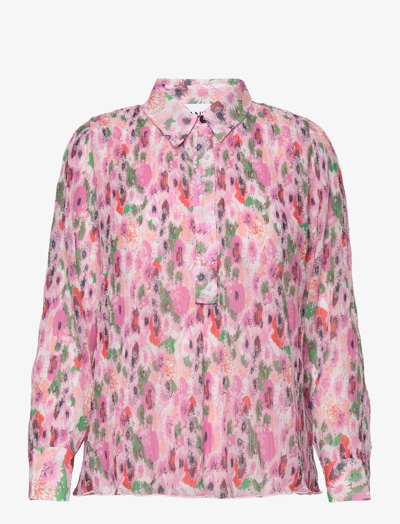 Ganni - Pleated Georgette Half Placket Blouse - long-sleeved blouses - sugar plum - 0