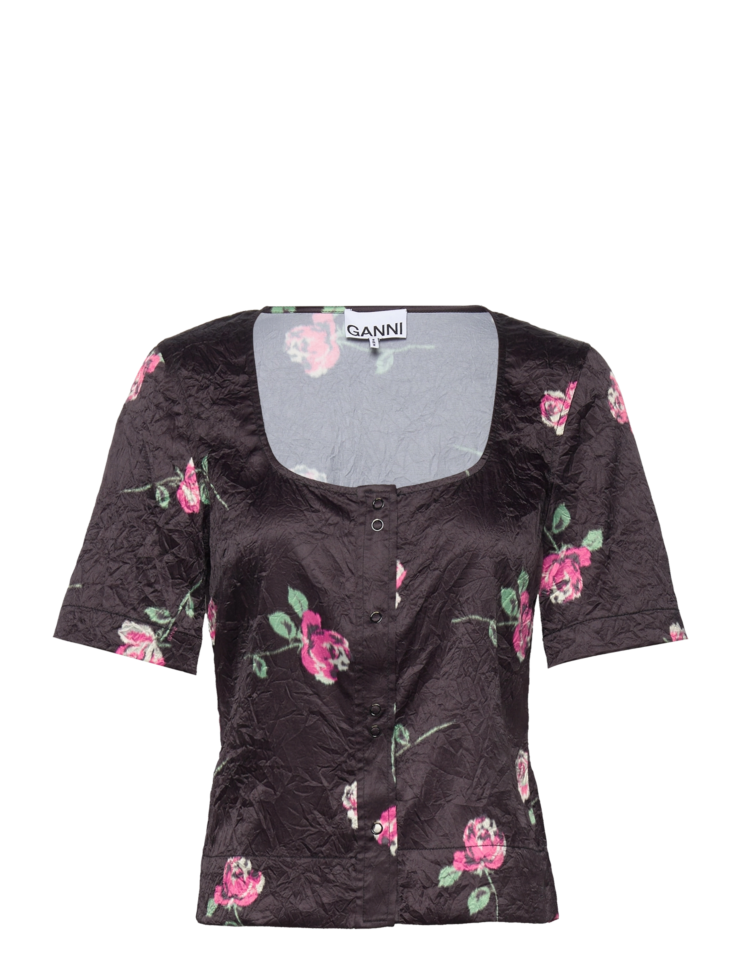 Ganni Crinkled Satin U-Neck Blouse, 34, Blouses, Schwarz - Short-sleeved, Frauen