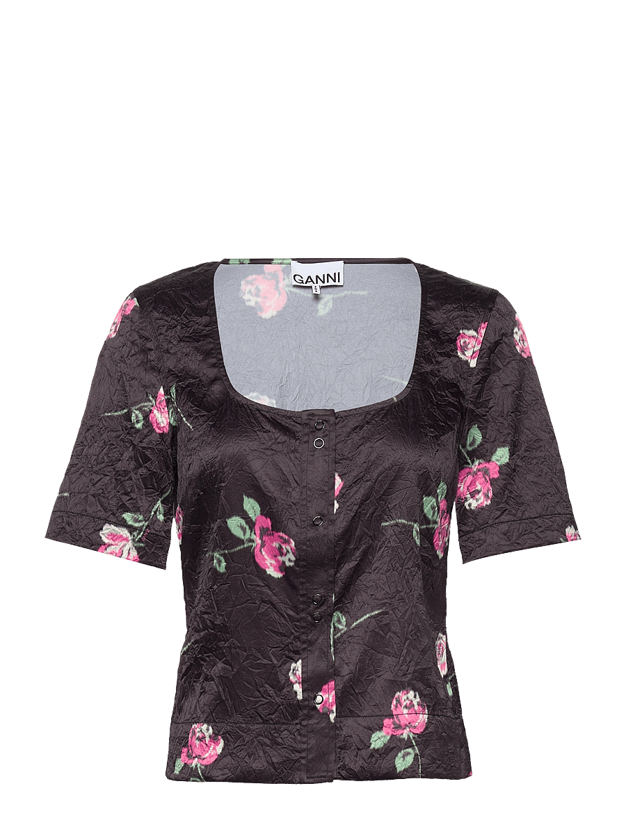 Ganni - Crinkled Satin U-neck Blouse - lühikeste varrukatega pluusid - black - 0
