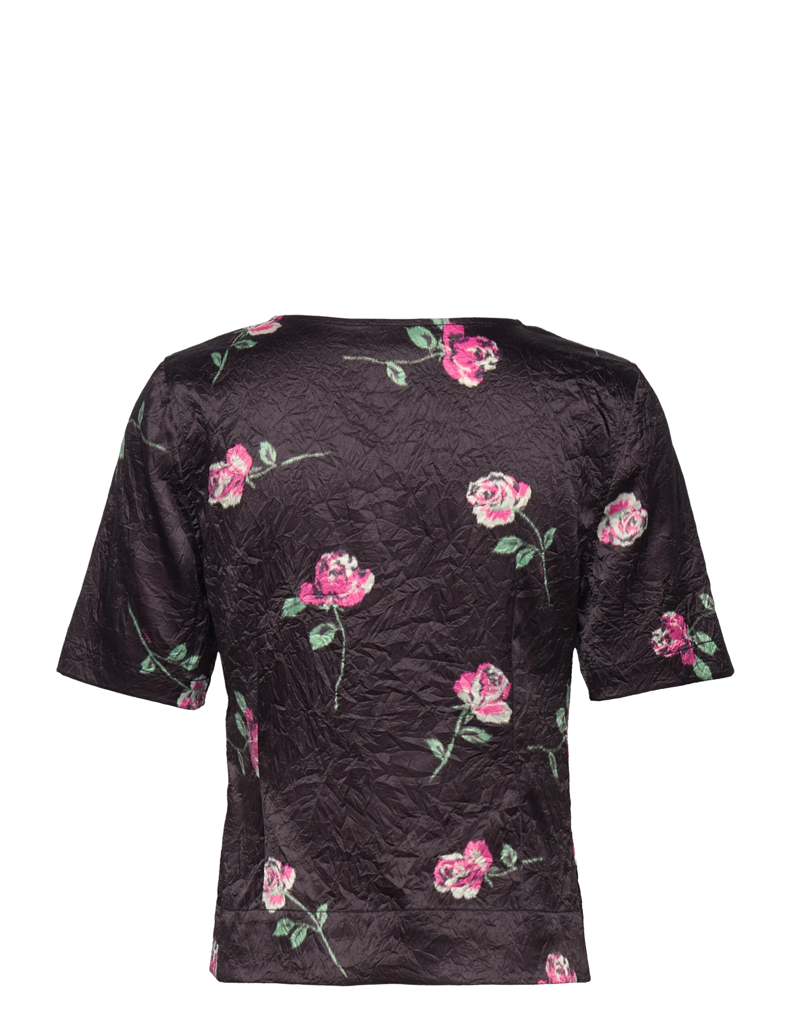 Ganni - Crinkled Satin U-neck Blouse - short-sleeved blouses - black - 1
