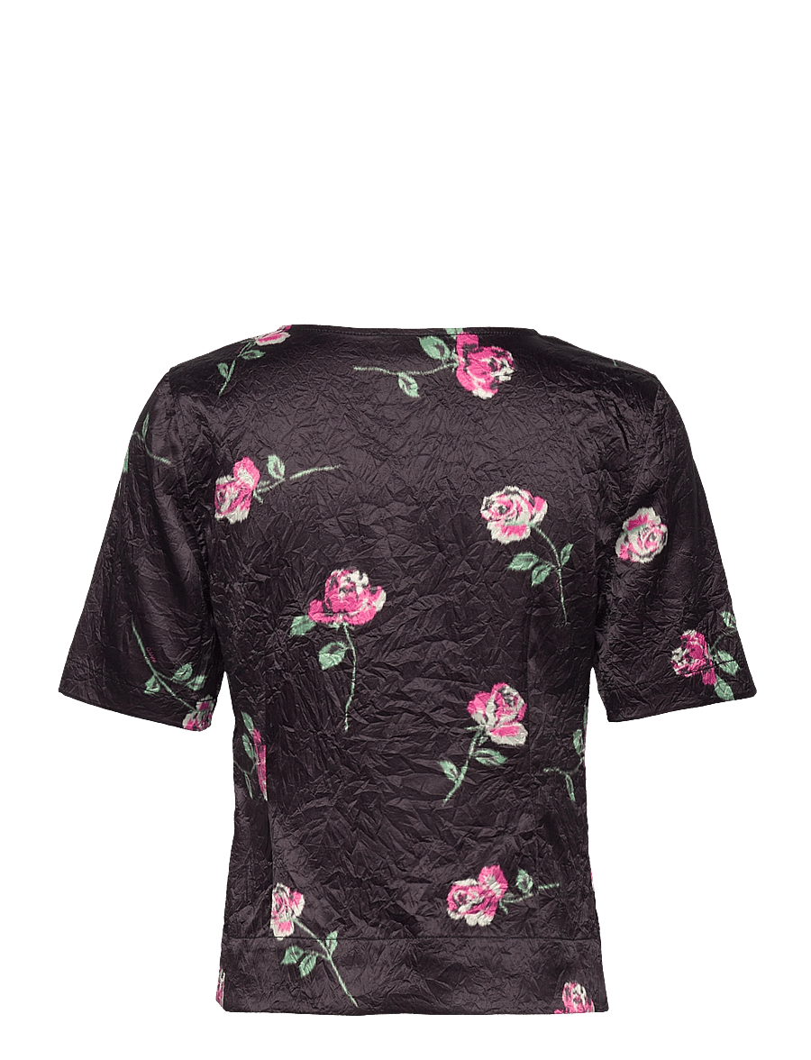 Ganni - Crinkled Satin U-neck Blouse - lühikeste varrukatega pluusid - black - 1