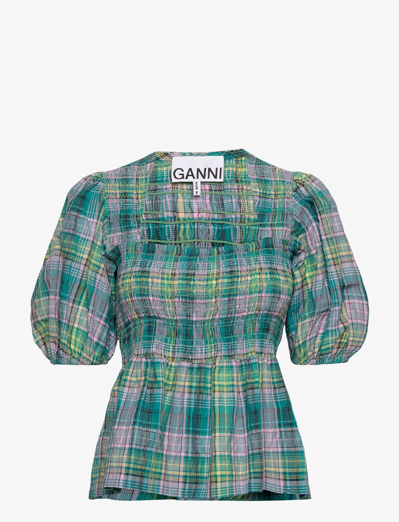 Ganni - Seersucker Check - short-sleeved blouses - lagoon - 0