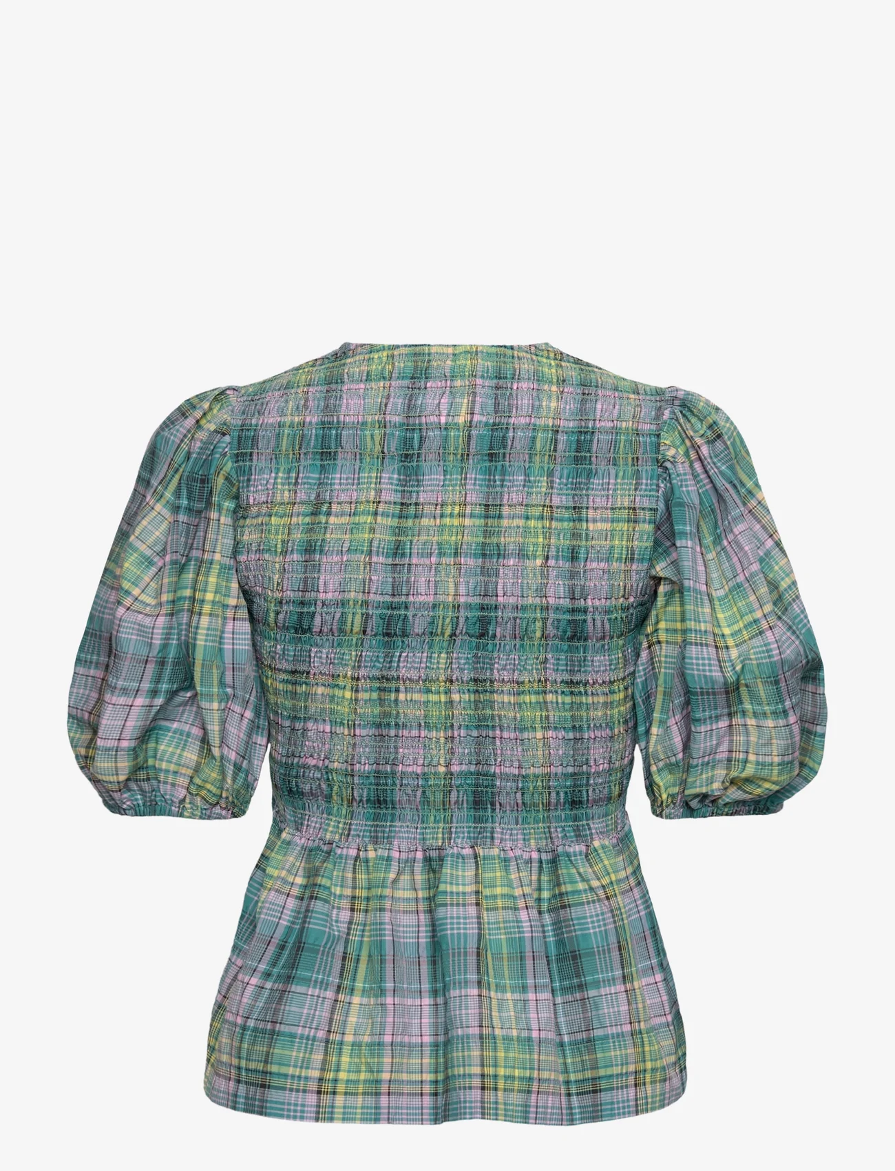 Ganni - Seersucker Check - short-sleeved blouses - lagoon - 1