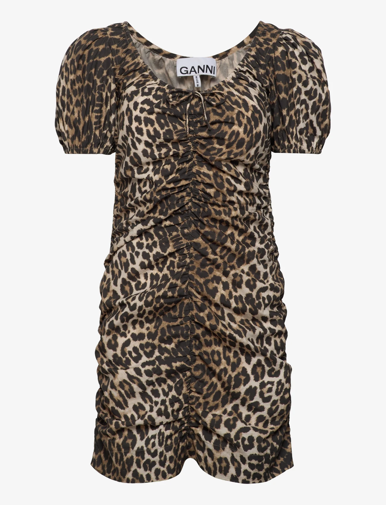 Ganni - Printed Cotton Poplin - krótkie sukienki - big leopard almond milk - 0