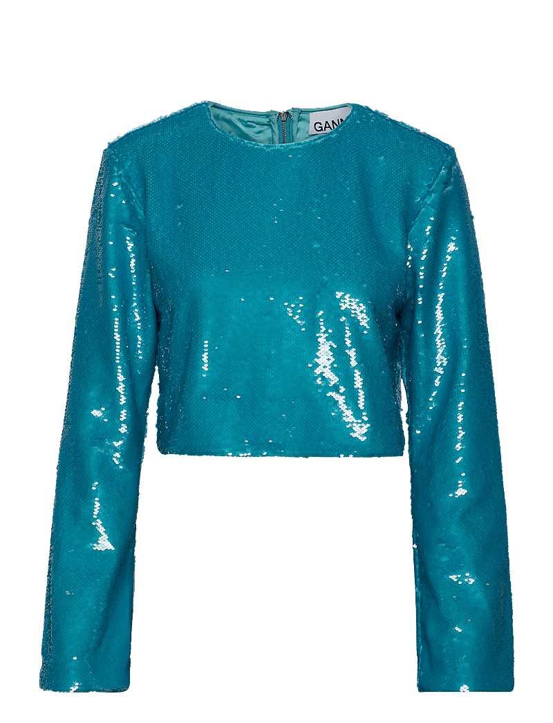 Ganni - Sequins - langärmlige blusen - blue curacao - 0