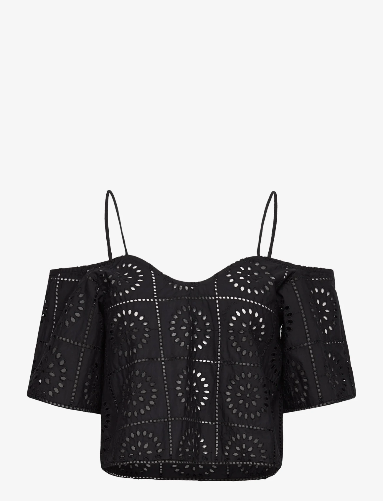 Ganni - Broderie Anglaise - short-sleeved blouses - black - 0