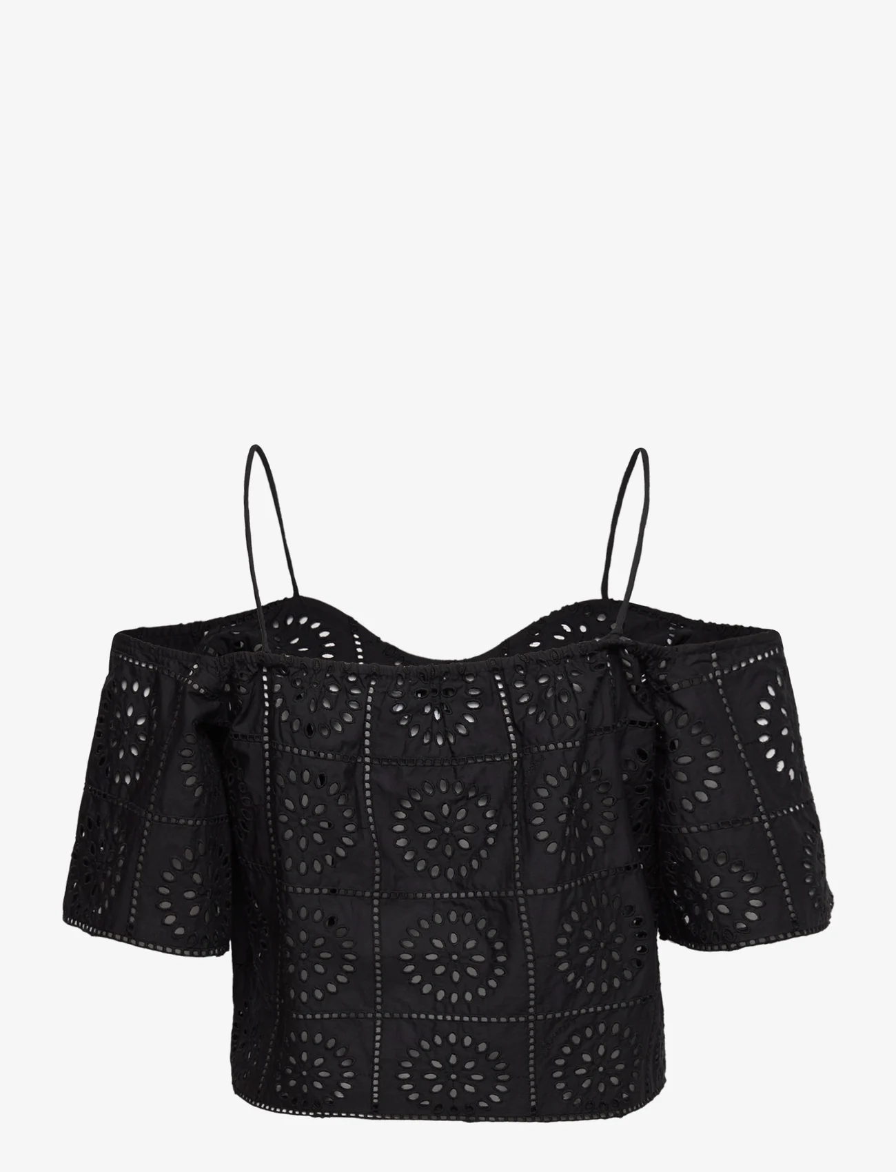 Ganni - Broderie Anglaise - short-sleeved blouses - black - 1