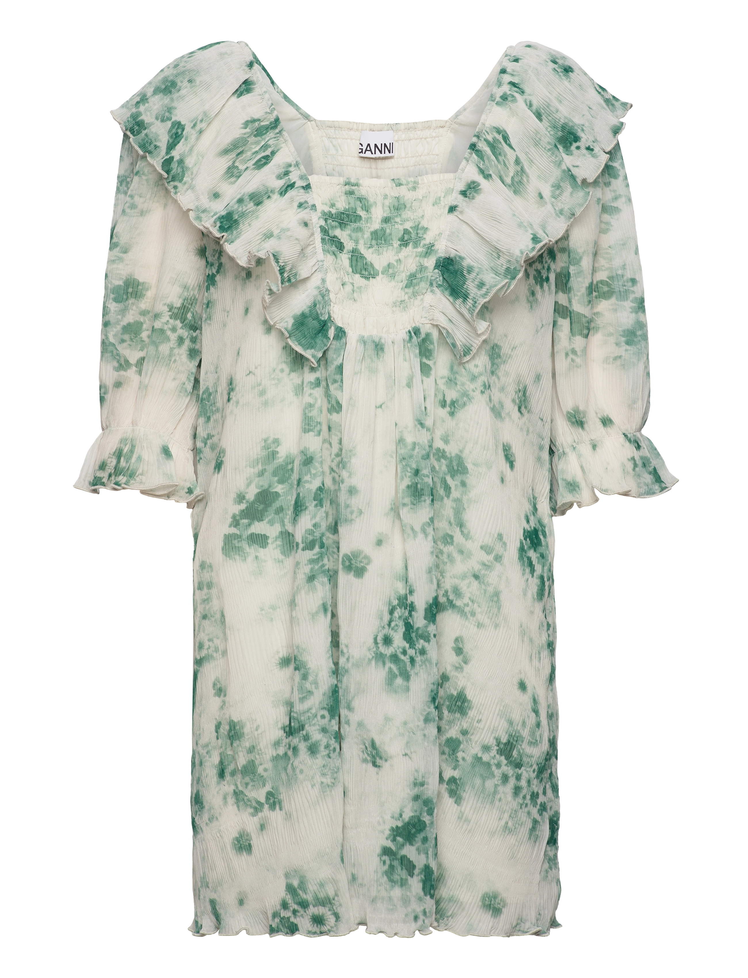 Ganni Pleated Georgette Ruffle Mini Dress - Ganni - EGRET / green
